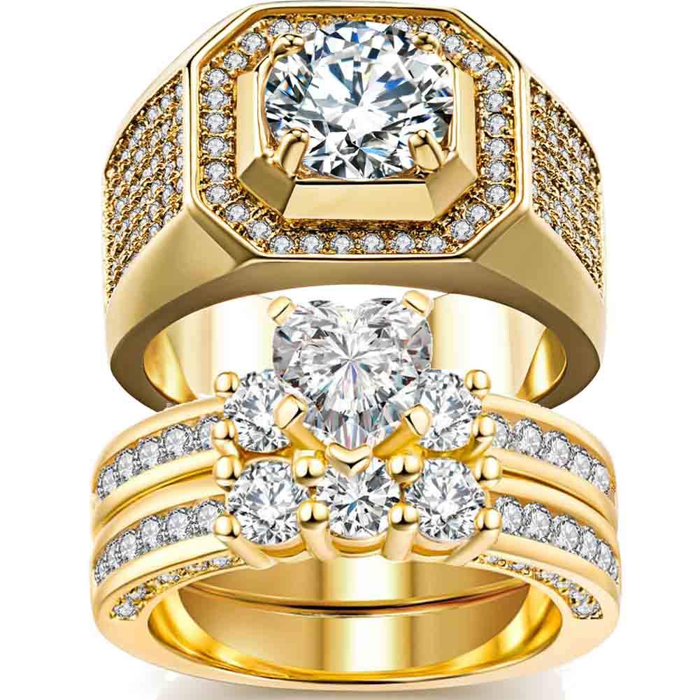 His and Hers Couple Rings - 2-Piece Yellow Gold Filled Heart CZ Wedding Band Set for Women & Men | Bridal Matching Rings for Anniversary, Engagement, Promise & Romantic Gifts