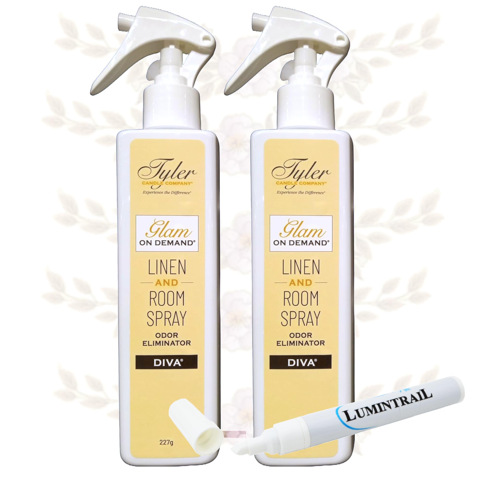 Tyler Glam on Demand - Diva Scent Linen & Room Spray 2-Pack | Air Freshener & Odor Eliminator with Stain Remover Pen | Laundry Essentials for Home, Bedroom & Travel | Fresh Linen Fragrance for Clothes & Fabrics