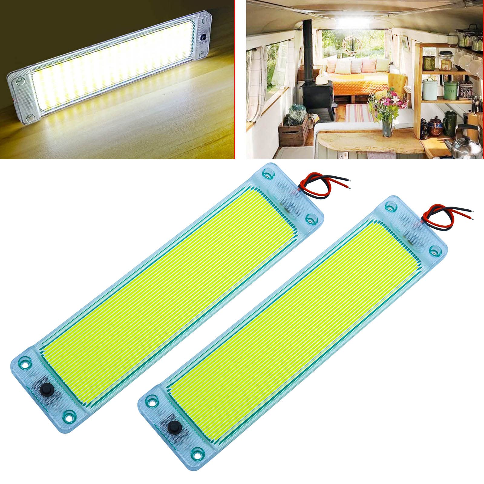 2PCS LED Interior Light Bar - 108 LED Universal Car Ceiling Roof Lights with On/Off Switch - White COB Lighting for Van, Truck, RV, Camper & Boat - Perfect for Night Driving & Interior Illumination