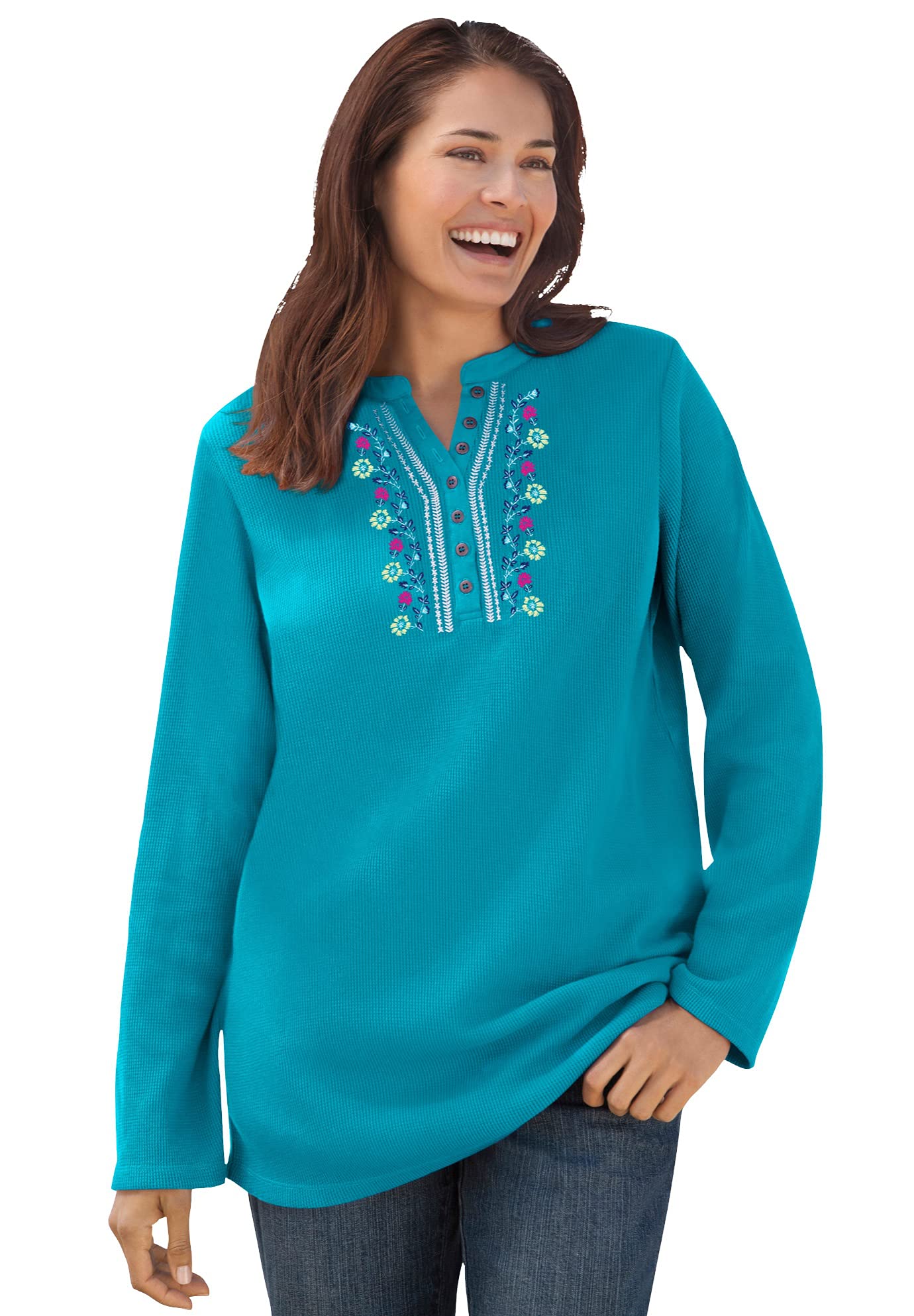 Women's Plus Size Embroidered Thermal Waffle Henley Long Sleeve Shirt - Warm Winter Layering Top for Cold Weather & Outdoor Activities