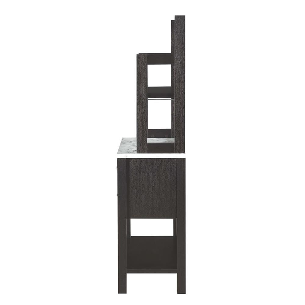 BOWERY HILL Multifunctional Home Bar Cabinet with Wine Storage & Glass Holder - White Faux Marble & Espresso Finish - Perfect for Living Room, Dining Room & Home Entertainment Areas