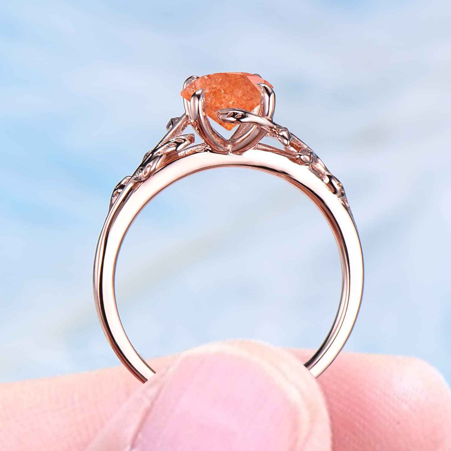 Sterling Silver Round Cut Sunstone Ring with Rose Gold Leaf - Orange Gemstone Engagement Ring for Women, Unique Handmade Birthday Jewelry Gift for Her, Size 4-10 with Gift Box | Perfect for Weddings, Anniversaries & Special Occasions