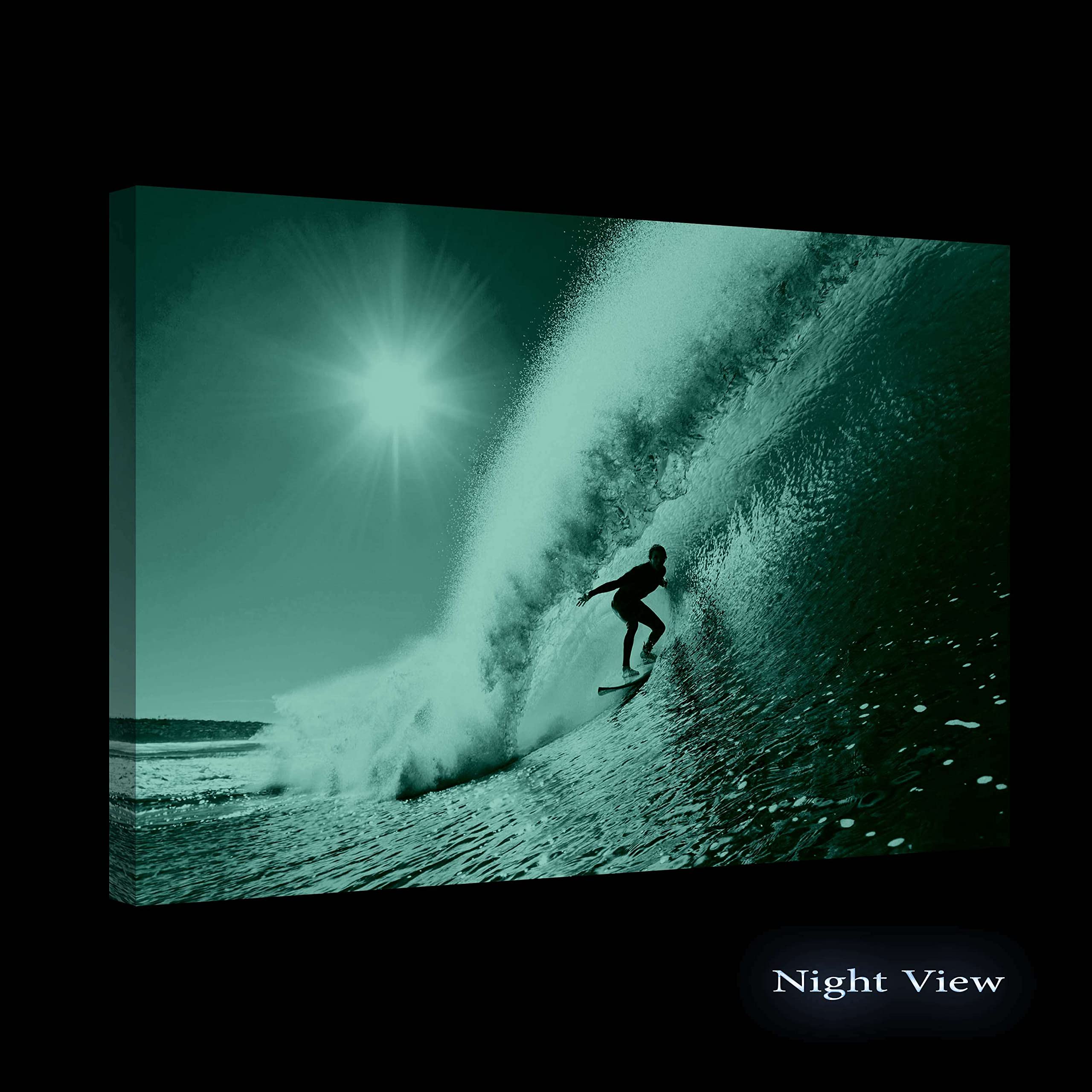 Startonight Glow in The Dark Surfing Wall Art - 24x36 Inch Luminous Canvas Print of Surfer Riding Perfect Wave, Modern Beach Decor for Bedroom, Living Room & Office - Perfect for Coastal Theme Homes & Surf Enthusiasts