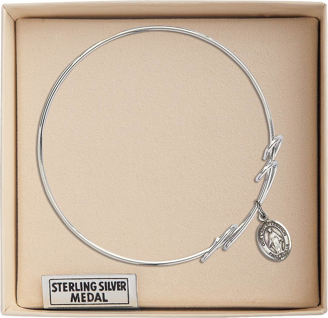 Sterling Silver Round Double Loop Bangle Bracelet with Our Lady of Lebanon Charm - Elegant Religious Jewelry for Women, Perfect for Church, Weddings & Special Occasions
