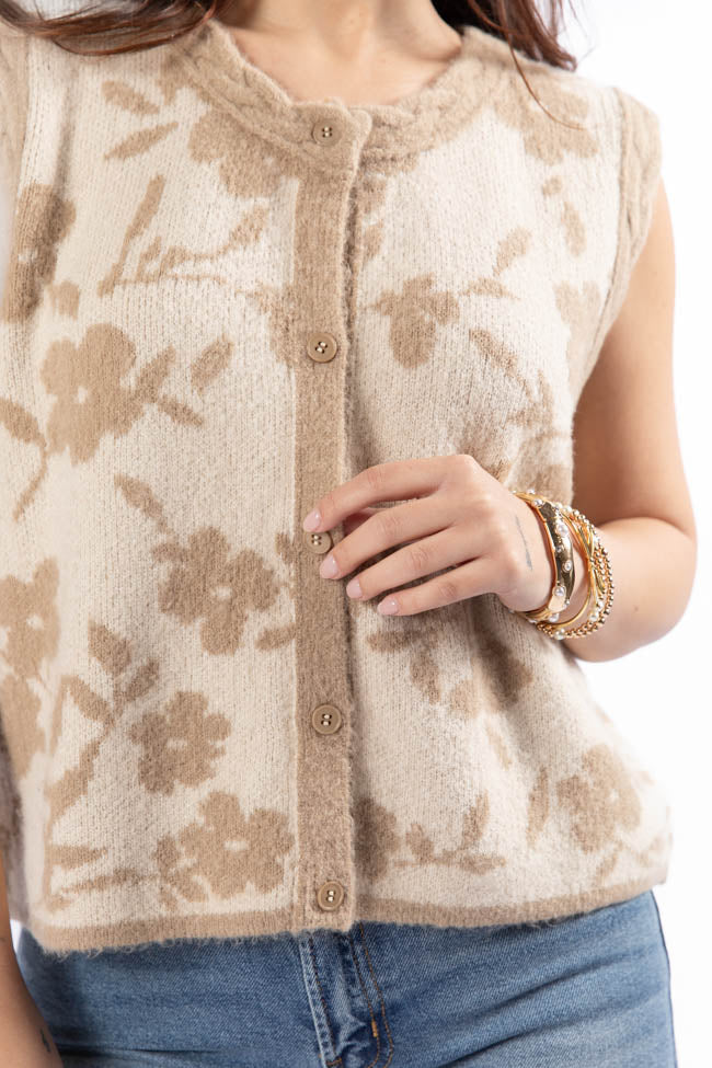 Truly Yours Women's Natural & Taupe Floral Print Sweater Vest - Lightweight Knit Cardigan for Fall & Winter - Perfect for Layering, Office Wear & Casual Outfits