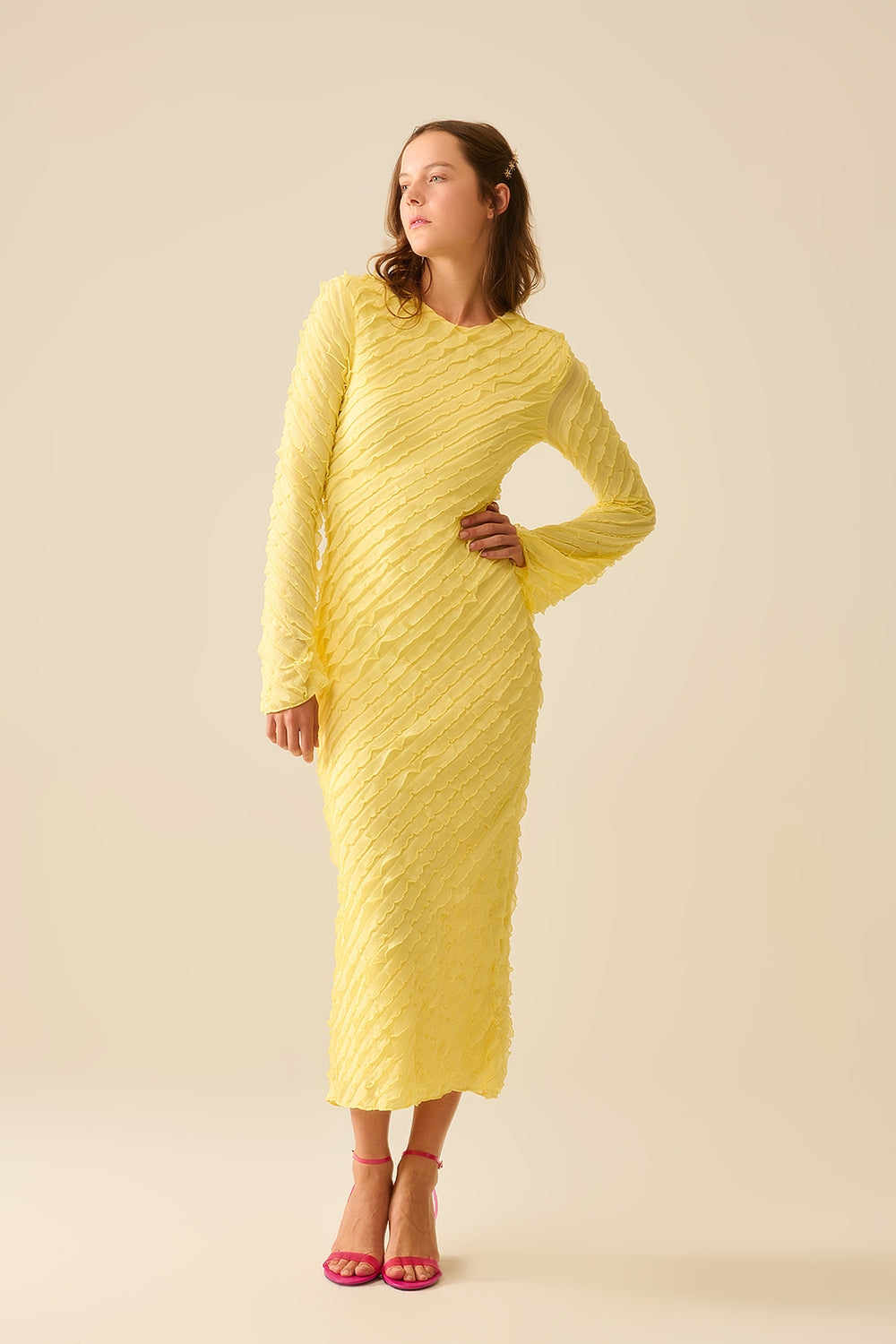Butter Yellow Maxi Dress with Bias Mini Ruffle Design - Elegant Summer Beach Dress for Women, Perfect for Vacations, Weddings & Outdoor Parties