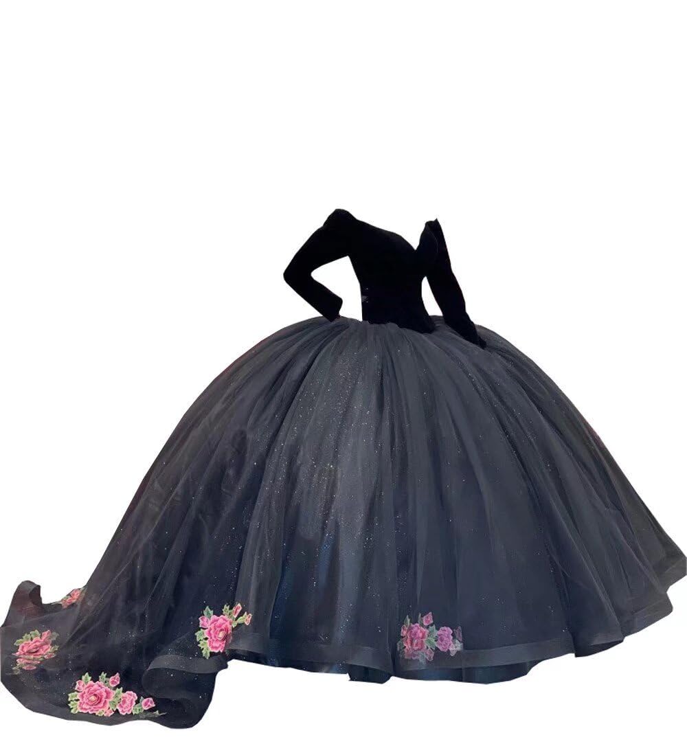 Elegant Velvet Embroidered Winter Quinceanera Dress - Long Sleeve V-Neck Ball Gown for Sweet 16 & Special Occasions | Vintage 2025 Design for Winter Dances, Holiday Parties & Formal Events
