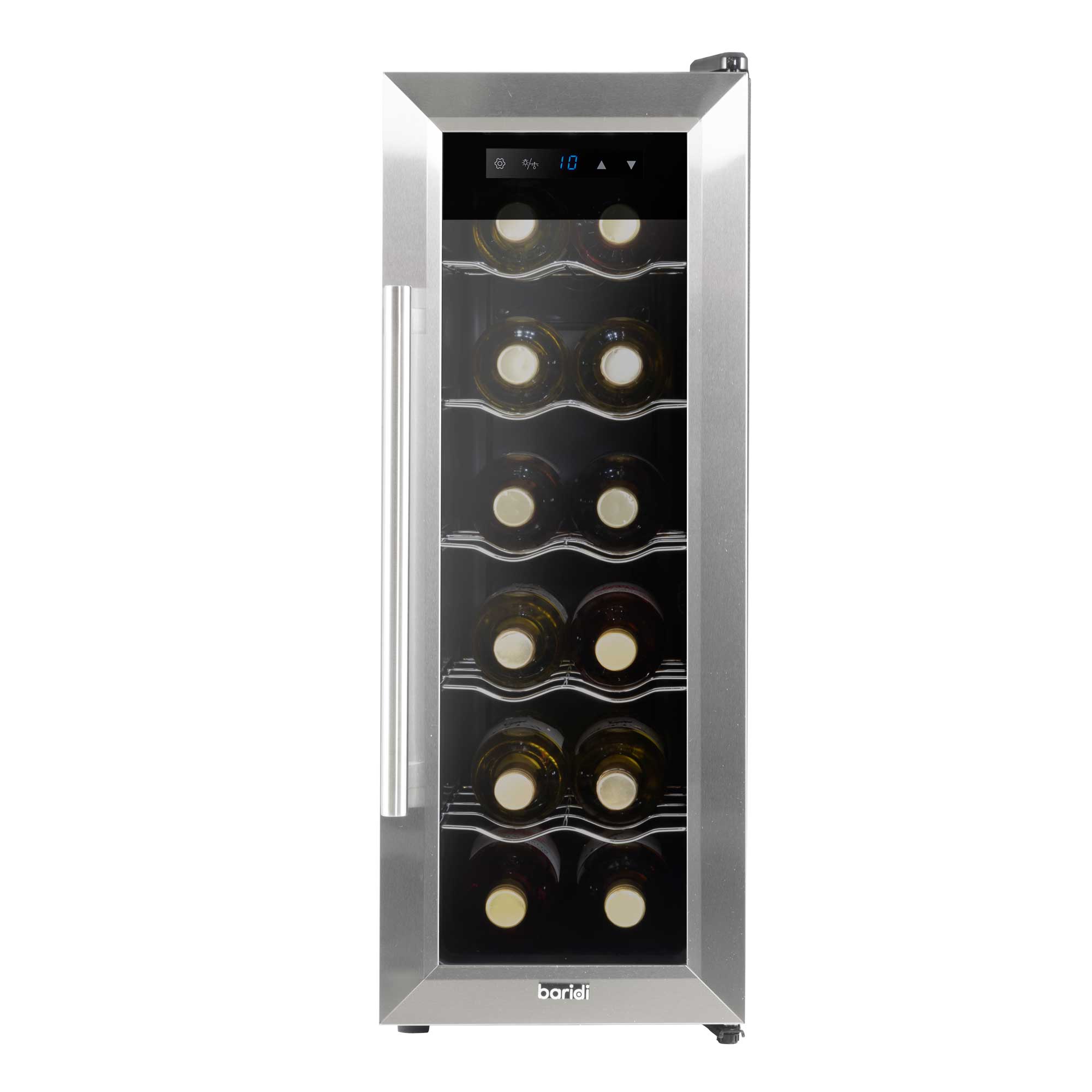 Baridi 12 Bottle Wine Cooler with Digital Touch Screen Controls & LED Light - Stainless Steel Wine Fridge for Home, Office, or Restaurant Use - Perfect for Storing and Chilling Red, White, and Sparkling Wines
