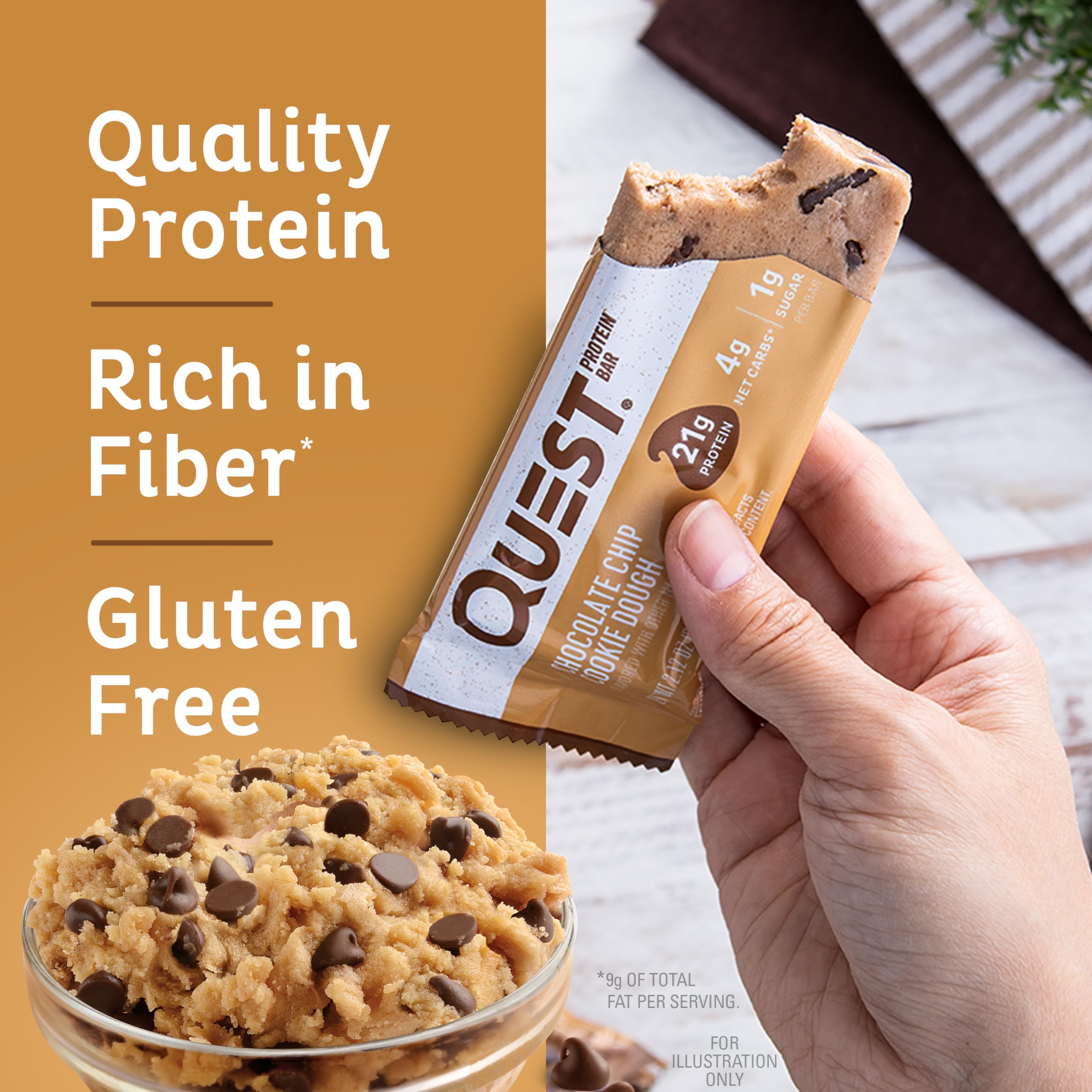 Quest Nutrition Chocolate Chip Cookie Dough Protein Bars - 21g Protein, 4g Net Carbs, 1g Sugar, Gluten Free & Keto Friendly (4 Count) - Perfect for Post-Workout Recovery, Healthy Snacking & Low-Carb Diet