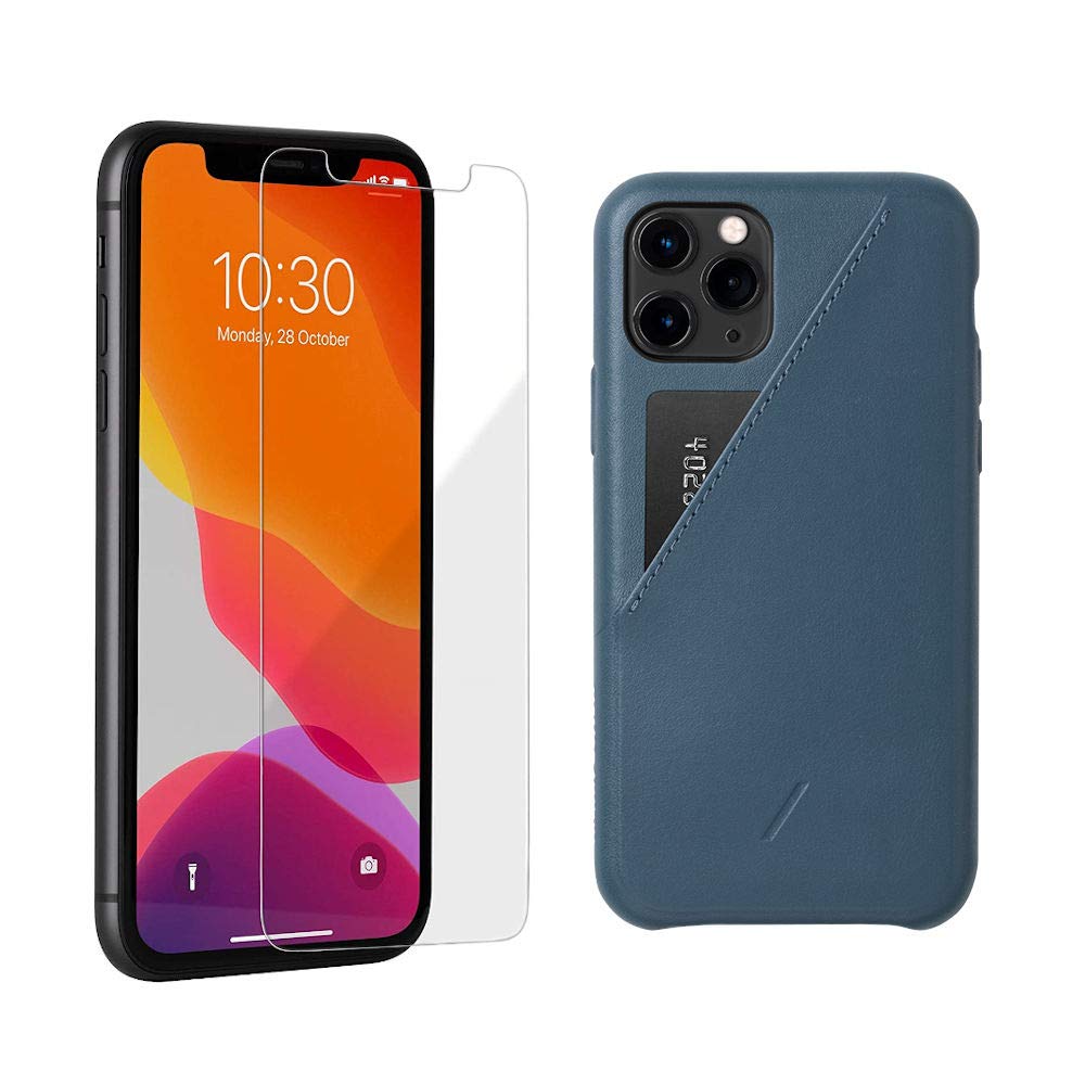 Native Union Bundle: Tempered Glass Screen Protector & Clic Card Case for iPhone 11 Pro/XS/X - Indigo Blue | Scratch Protection & Wallet Functionality for Everyday Use