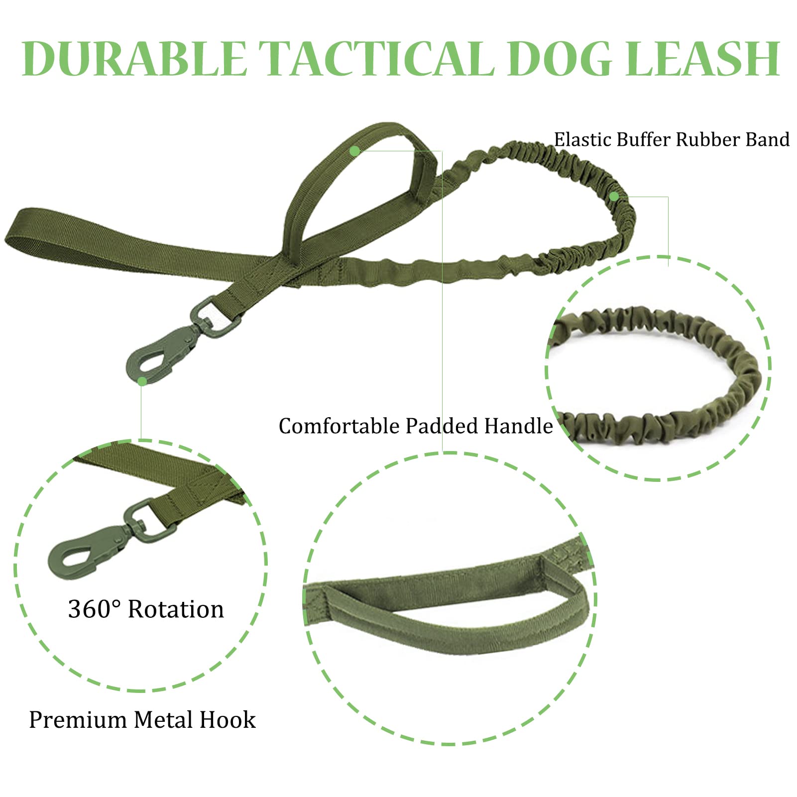 Tactical Dog Collar - Heavy Duty Adjustable Nylon Military Collar with Metal Buckle & Handle for Medium & Large Dogs - Perfect for Training, Hiking & Outdoor Adventures (Green, Medium)