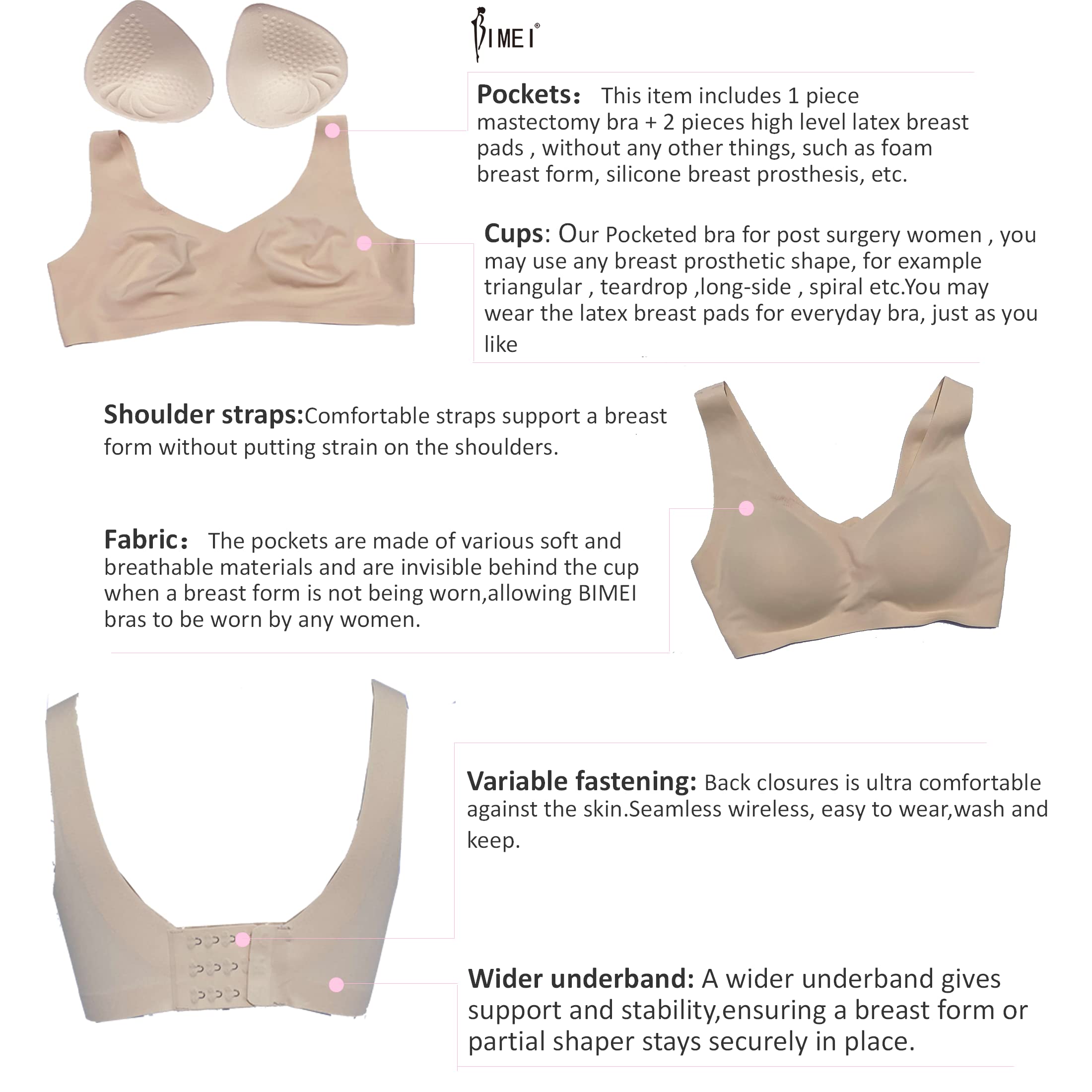 BIMEI Seamless Post-Surgery Mastectomy Bra with Pockets - Soft Comfortable Prosthesis Bra for Women - Perfect for Sleeping, Daily Wear & Recovery After Breast Cancer Surgery