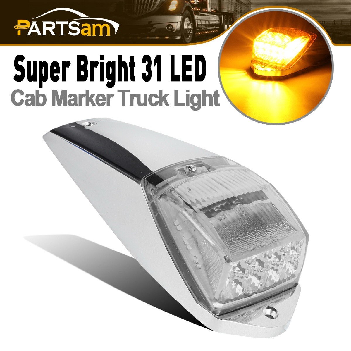 Partsam 1-Piece Bright Clear Lens Yellow 31 LED Cab Roof Running Marker Light with Chrome Base - Compatible with Peterbilt, Kenworth, Freightliner, Western Star & Mack Trailers - Ideal for Truck Safety Lighting & Night Visibility