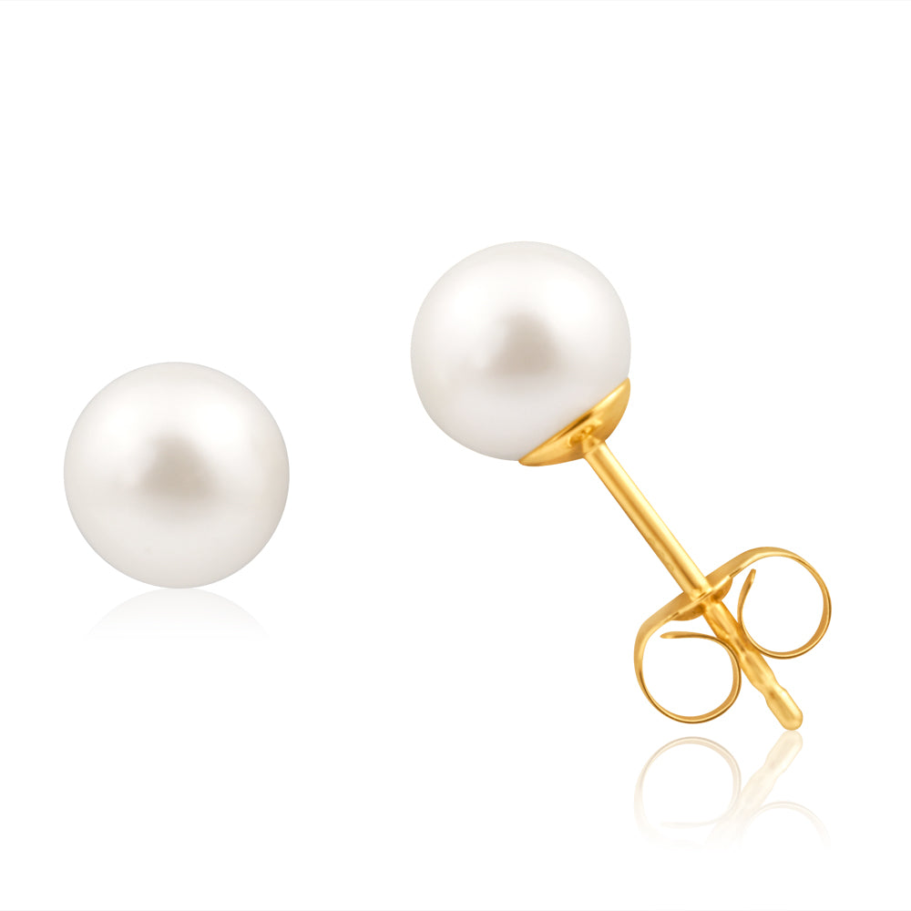 14K Yellow Gold 6mm White Freshwater Pearl Stud Earrings for Women - Classic Elegant Jewelry Gift for Wedding, Anniversary & Everyday Wear