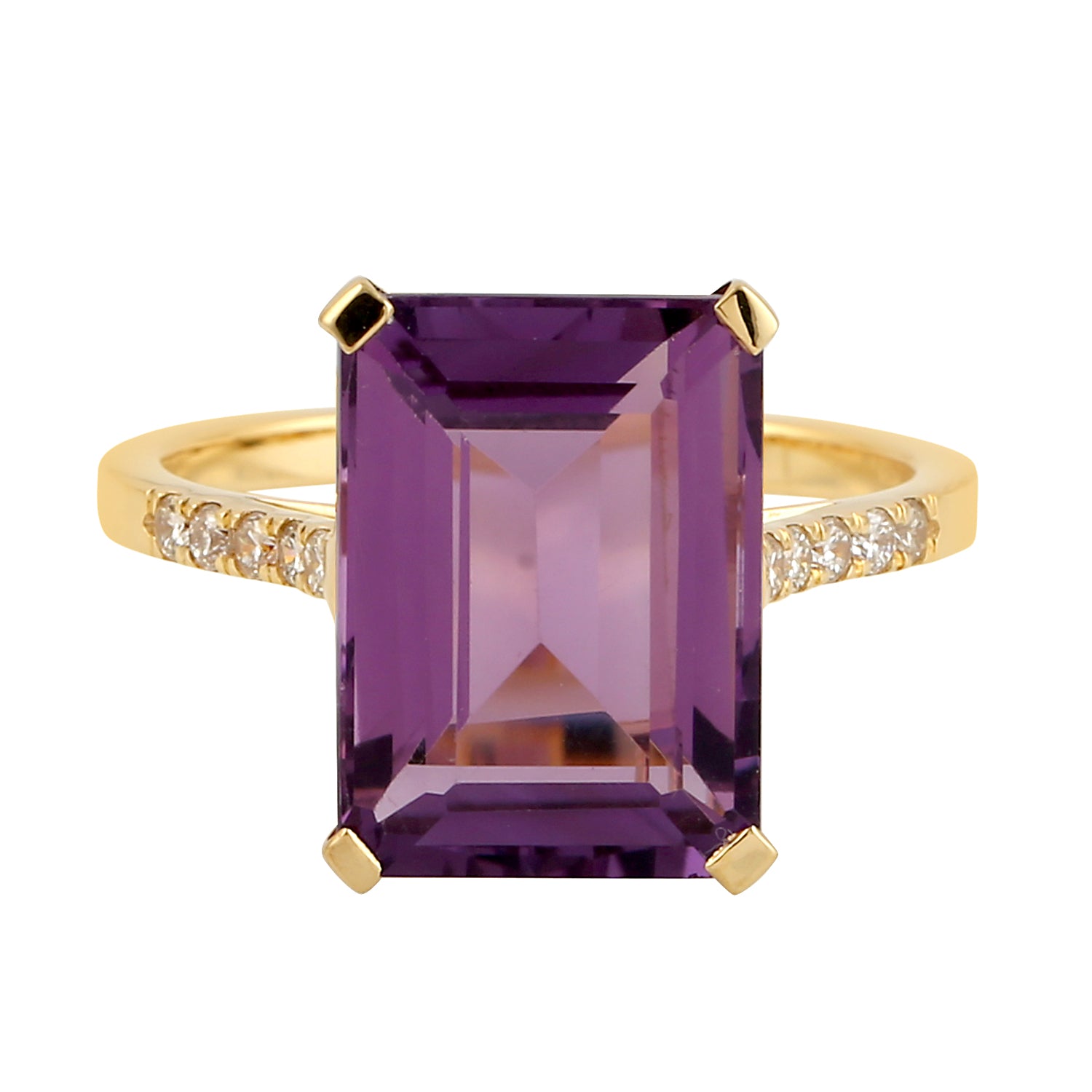 Emerald Cut Amethyst Solitaire Ring with Diamond Accents in 18K Yellow Gold | Elegant Engagement, Anniversary & Special Occasion Jewelry Gift
