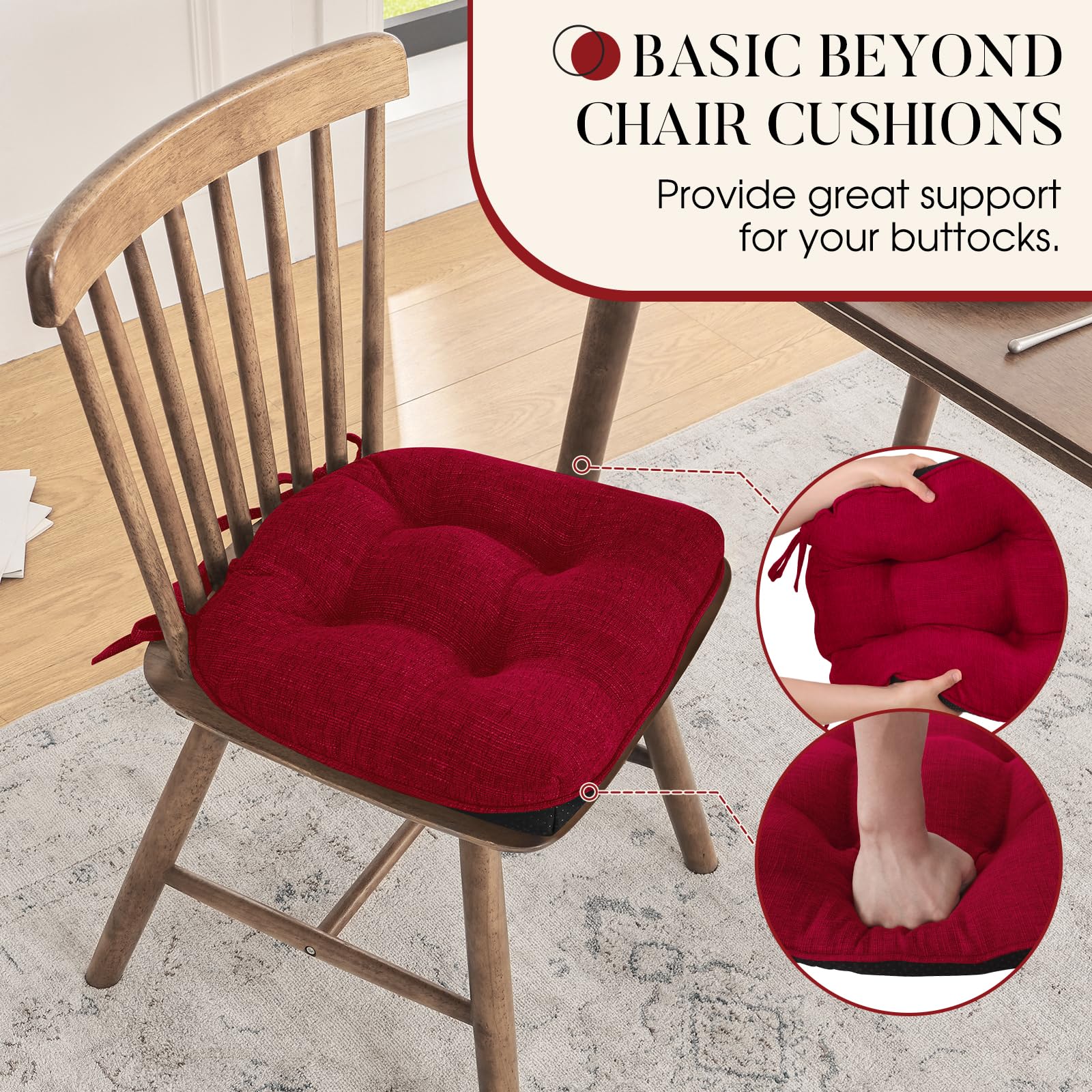 Premium Memory Foam Dining Chair Cushions 4-Pack - Non-Slip Backing & Secure Ties - 15.5
