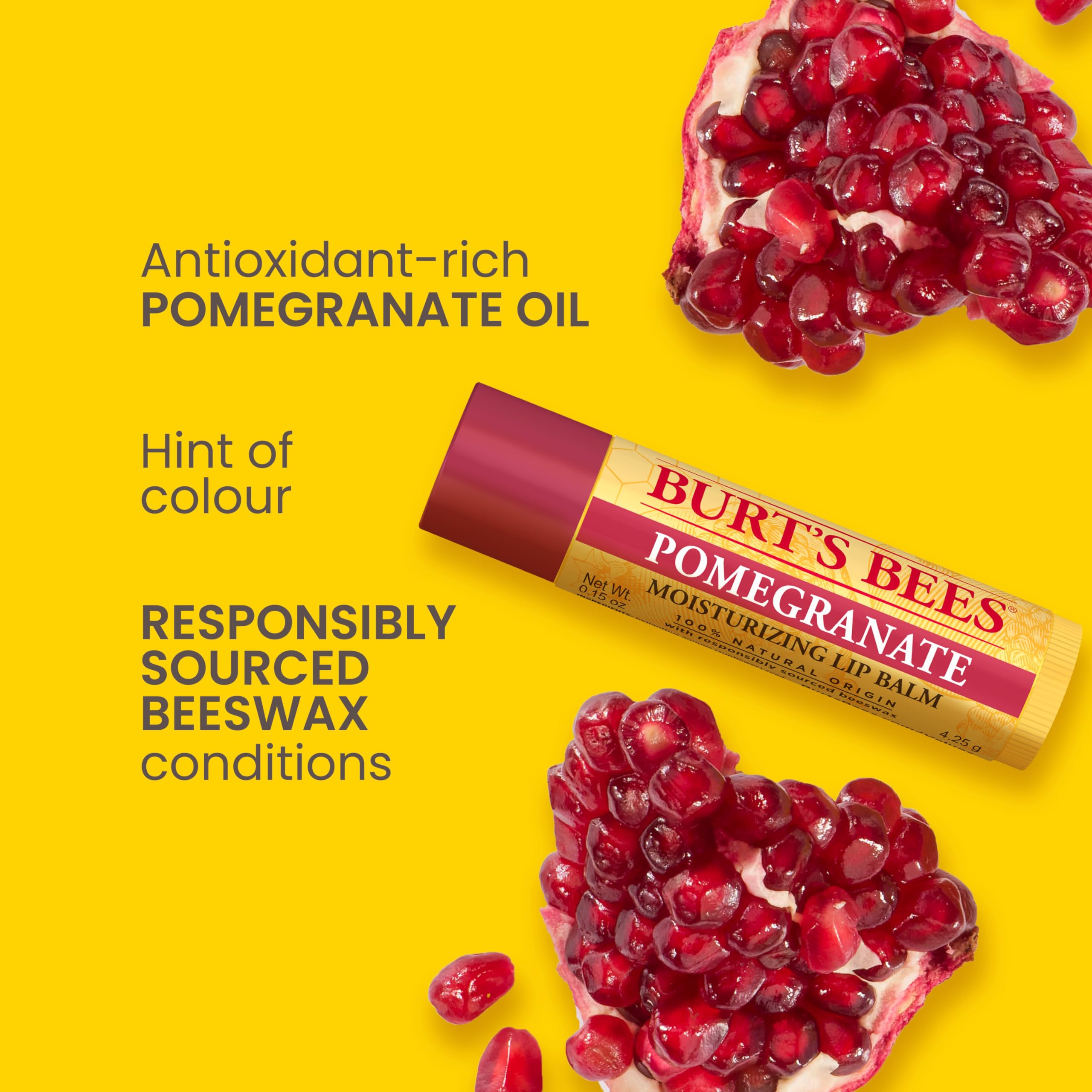 Burt's Bees Pomegranate Lip Balm - 100% Natural Moisturizing Lip Balm with Beeswax & Vitamin E, 4.25g - Hydrates & Protects Dry Lips for All-Day Comfort at Home, Work or Outdoor Activities