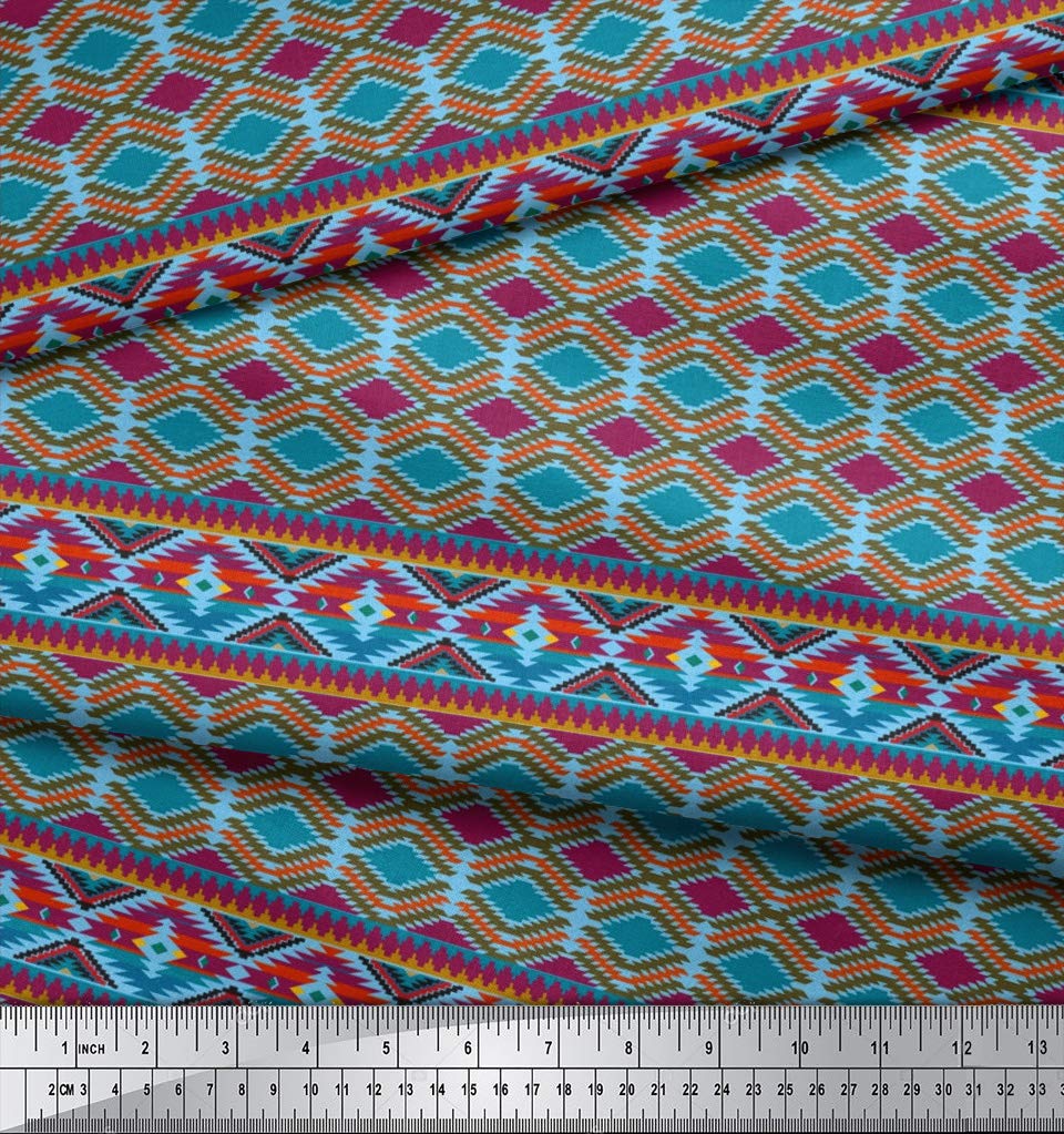 Soimoi Moss Georgette Blue Fabric by The Yard - 42 Inch Wide Aztec Geometric Printed Fabric for Dresses, Curtains & Home Decor | Tribal Contemporary Fashion Material for DIY Sewing Projects