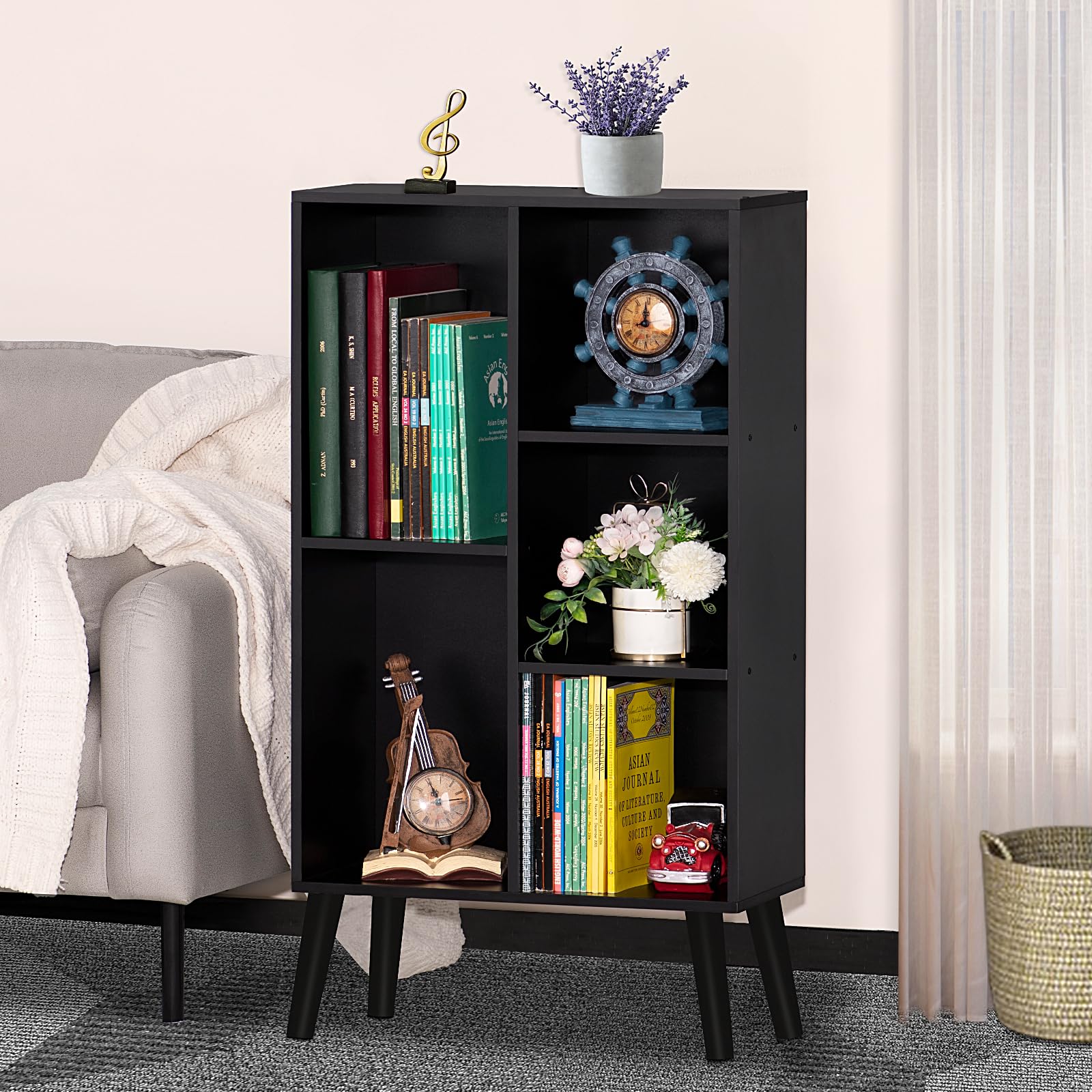 YAHARBO 3-Tier Small Black Narrow Bookshelf - Modern Wood Bookcase with Legs, Rustic Cube Organizer for Home Office, Living Room & Bedroom Storage