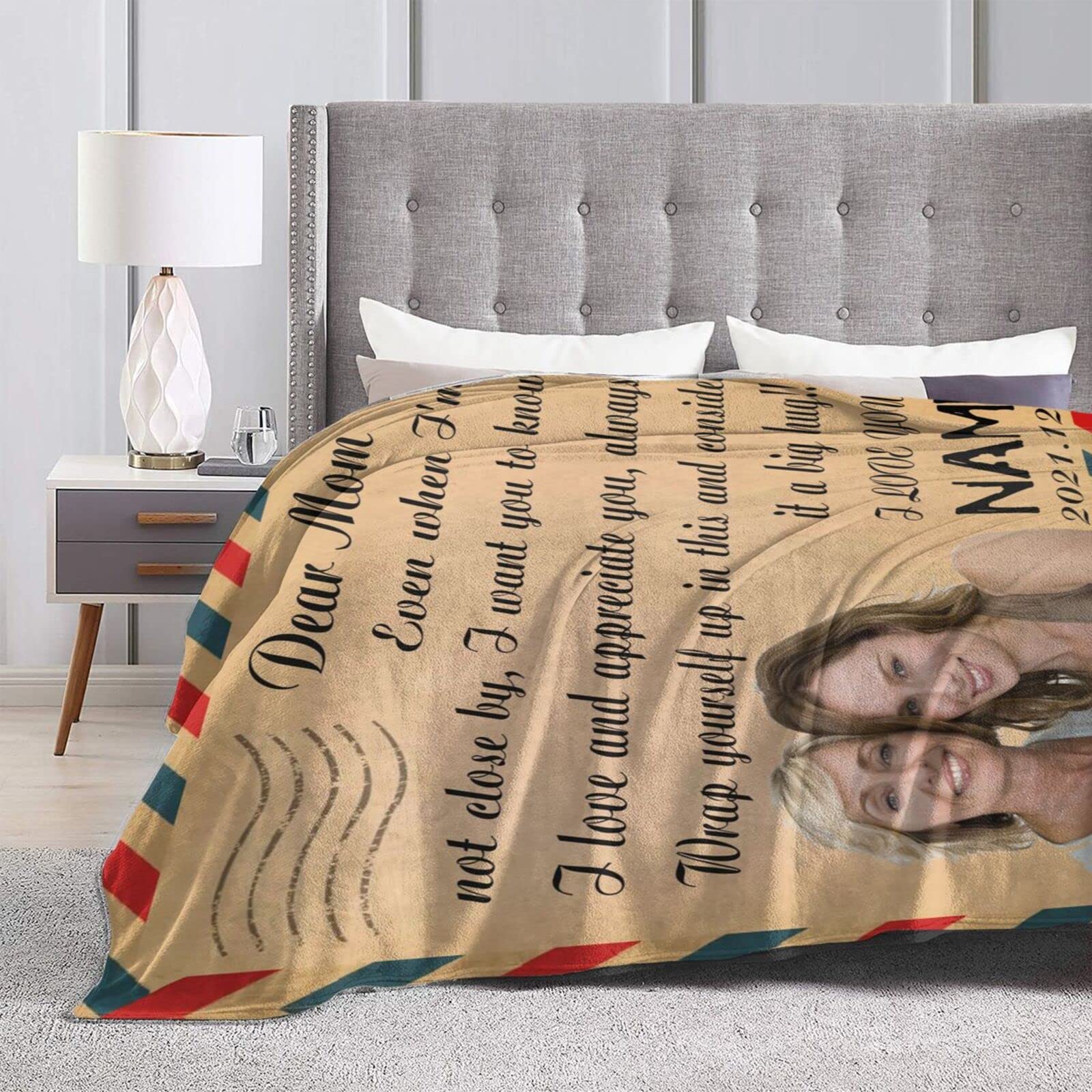 Custom Personalized Blanket with Name & Photo - Love Letter to Dear Mom - Soft Flannel Throw Blanket for Couch, Sofa & Bed - Perfect Gift for Mother's Day, Birthday & Christmas - Warm & Cozy Home Decor for Relaxing Evenings & Family Moments