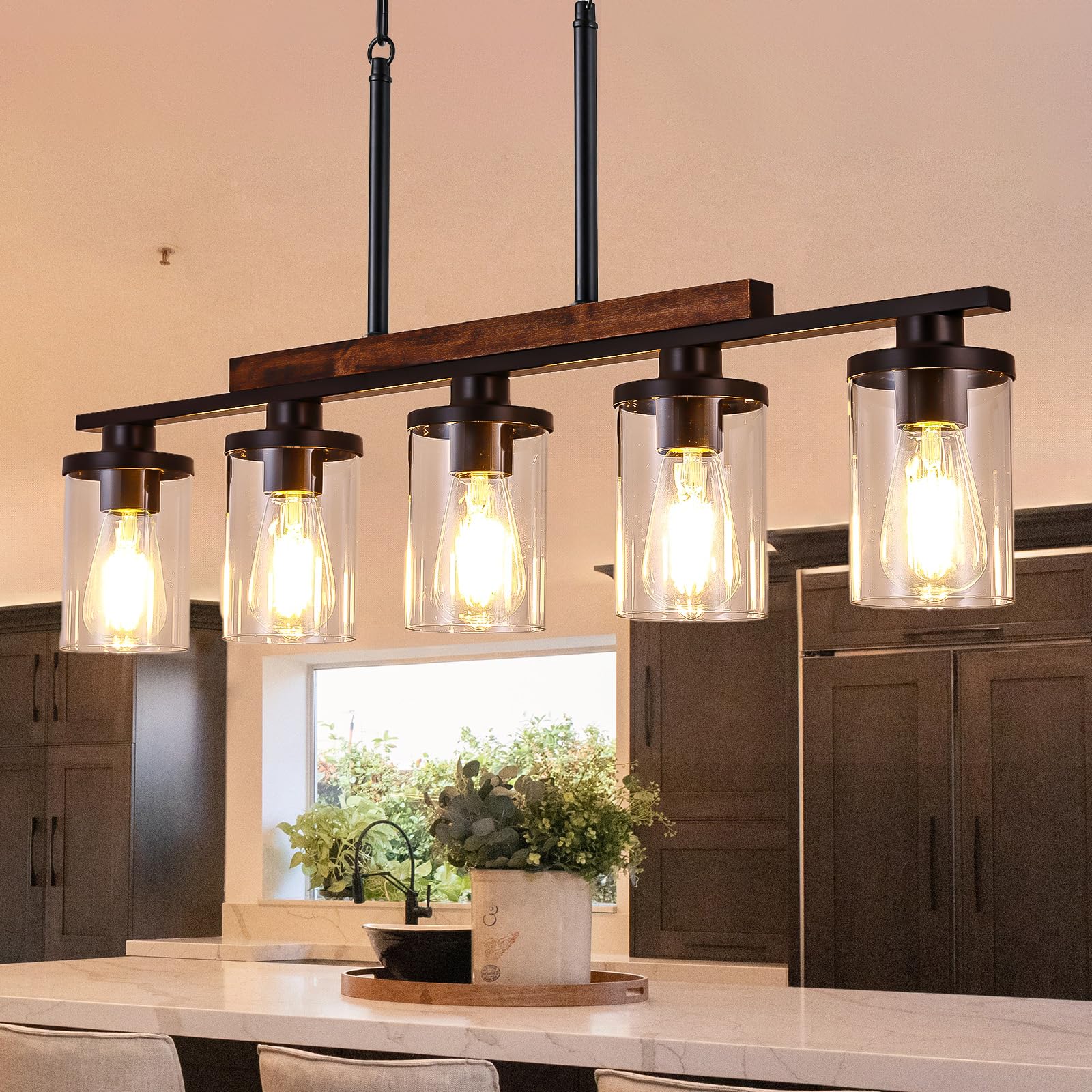 Farmhouse Kitchen Island Light Fixture - 5-Light Matte Black Rustic Wood Ceiling Pendant Chandelier with Clear Glass Shade for Dining Room, Kitchen, Breakfast Nook & Bar Counter Lighting