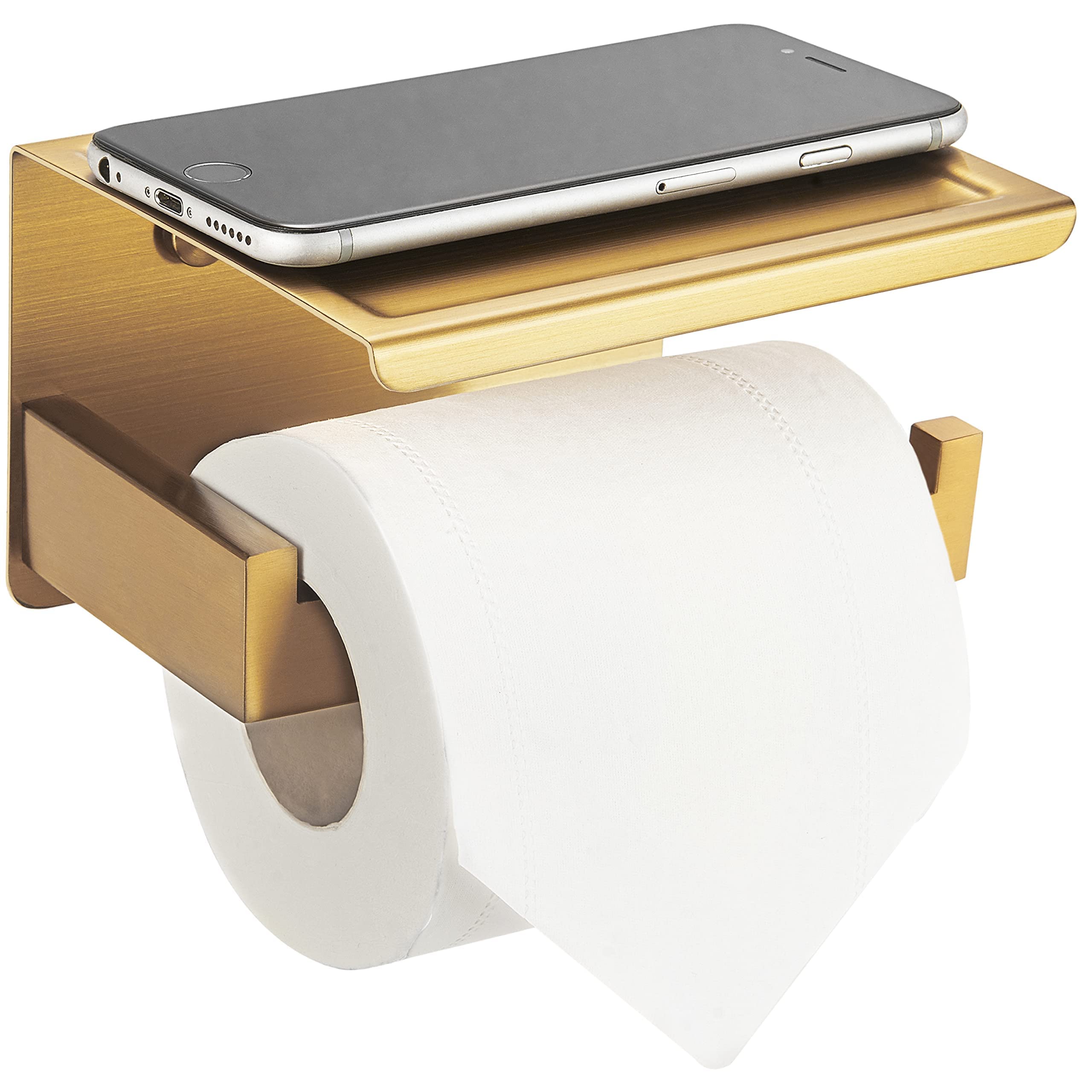 HITSLAM Gold Toilet Paper Holder - Brushed Brass Adhesive Wall-Mounted Bathroom Tissue Holder with Shelf - No Drilling Required, Easy Installation for Small Bathrooms, Apartments and RVs