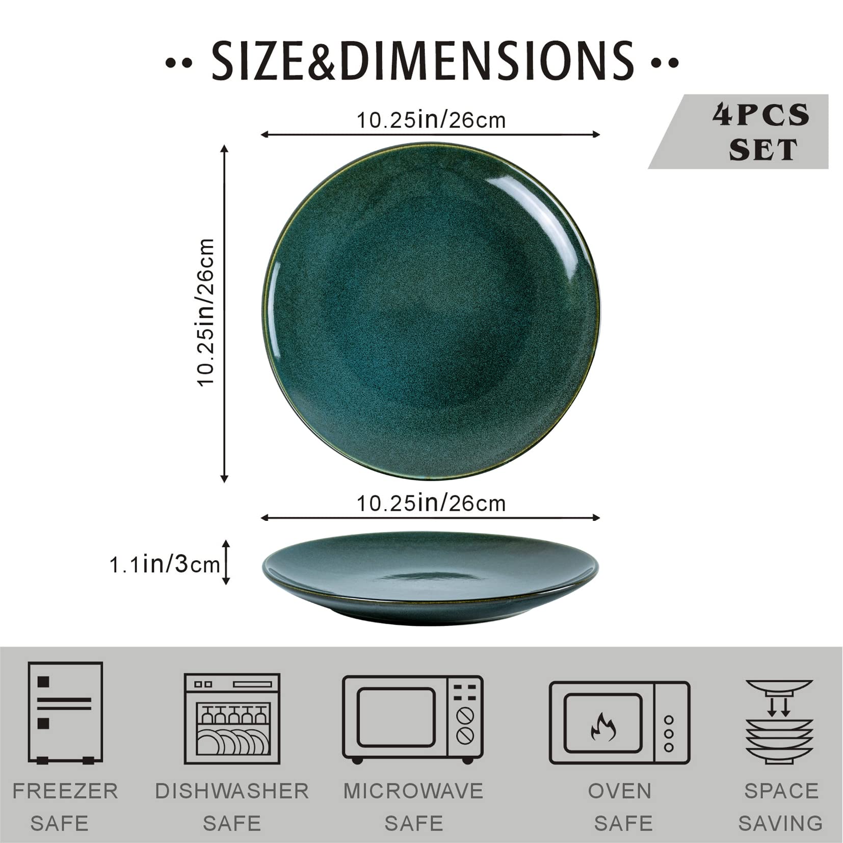 UNICASA 10.25 Inch Ceramic Dinner Plates Set of 4 - Porcelain Pasta Plates, Reactive Glaze Serving Dishes for Steak, Salad, Pizza - Dishwasher & Microwave Safe (Olive) - Perfect for Family Dinners, Restaurant Use & Party Entertaining