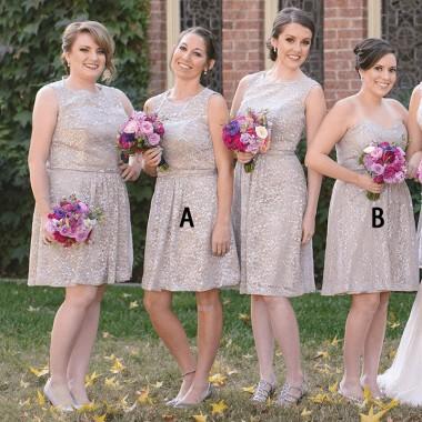 Sparkly Grey Lace Mismatched Bridesmaid Dresses - Elegant Short Wedding Party Gowns (WG364) | Perfect for Bachelorette Parties, Beach Weddings & Formal Events