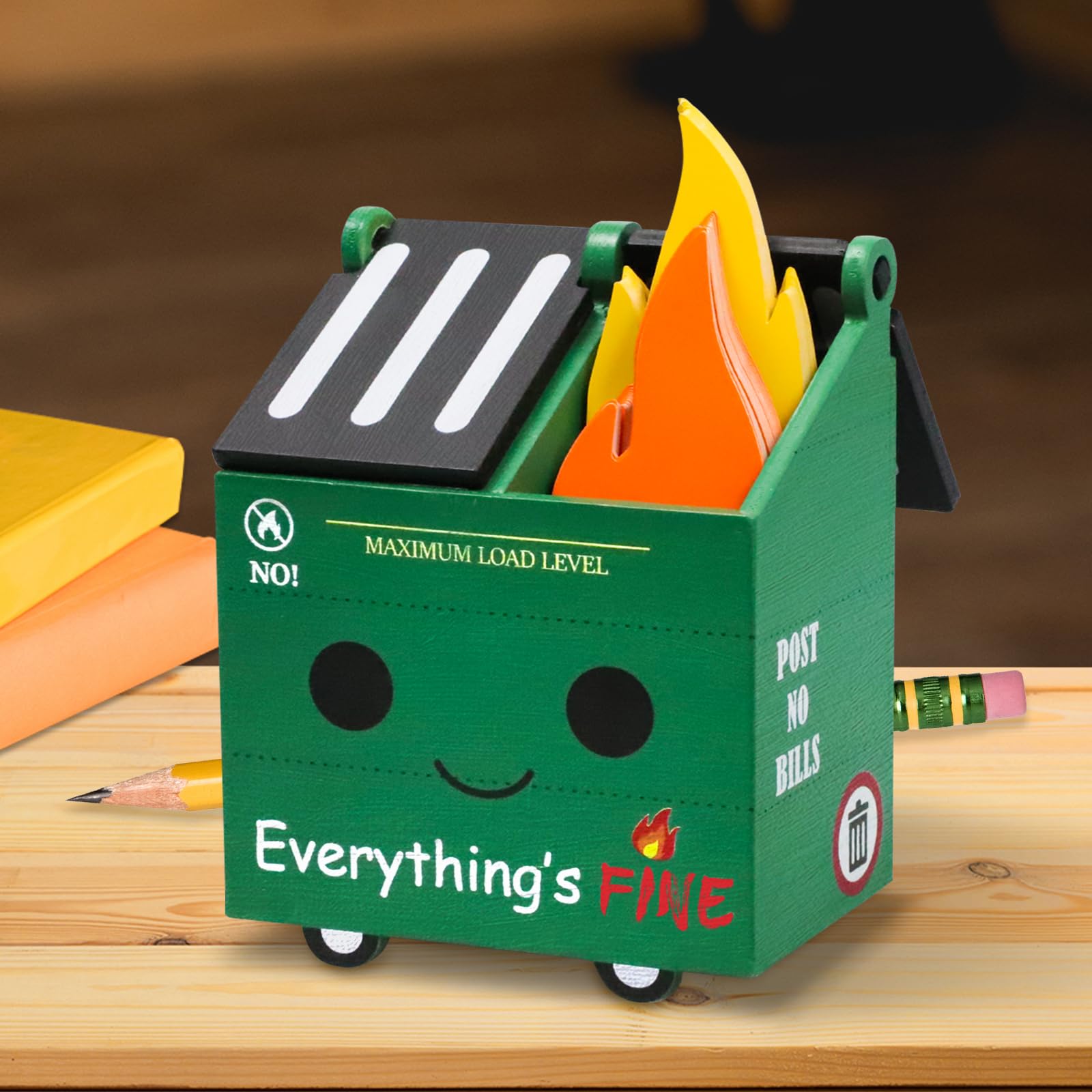 PUNICA Dumpster Fire Pencil Holder with 100 Flame Note Cards - Funny Office Desk Accessory & Unique Gift for Coworkers, Teachers - Green (Pre-Assembled) - Perfect for Office Pranks, Teacher Appreciation & Stress Relief Gifts