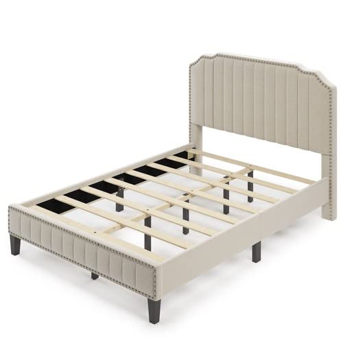 Modern Linen Upholstered Platform Bed Frame with Solid Wood Structure & Nailhead Trim - Full/Queen Size (Cream) - Perfect for Contemporary Bedrooms, Guest Rooms & Master Suites