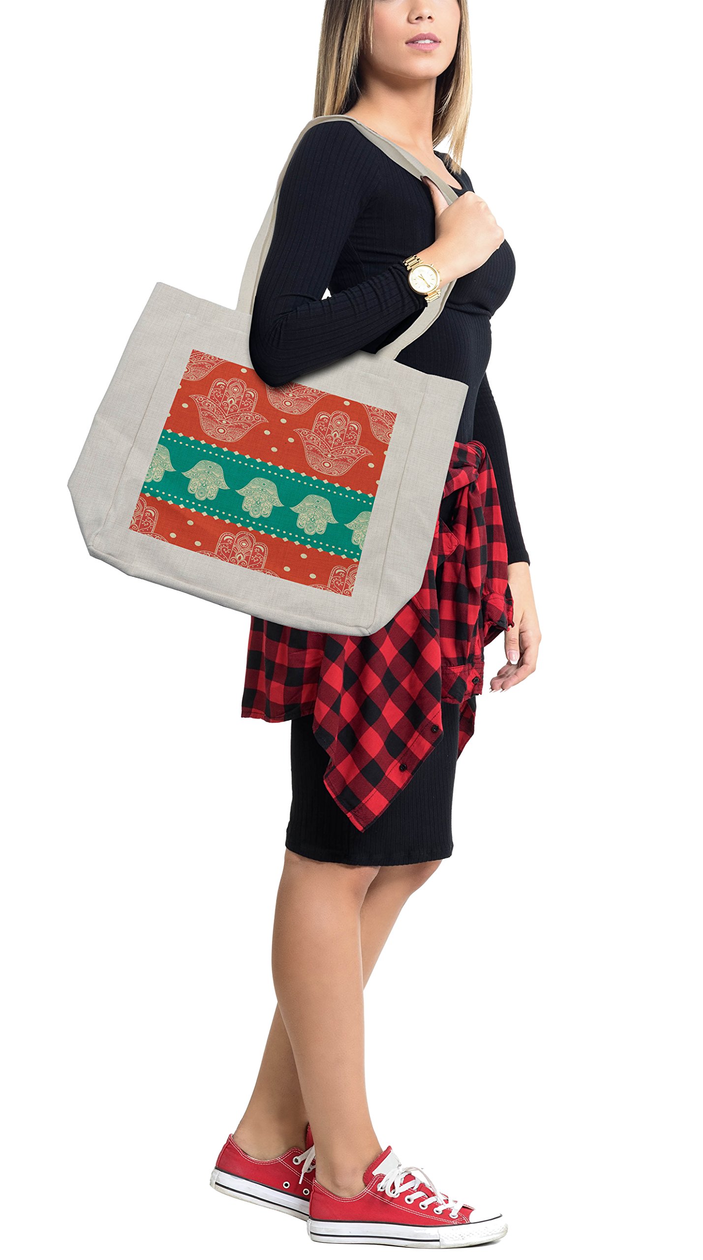 Lunarable Hamsa Shopping Bag - Bohemian Style Reusable Grocery Tote with Inspirational Boho Hamsa Hand & Mandala Art Print, Eco-Friendly Cotton Bag for Beach, Market & Daily Use (15.5