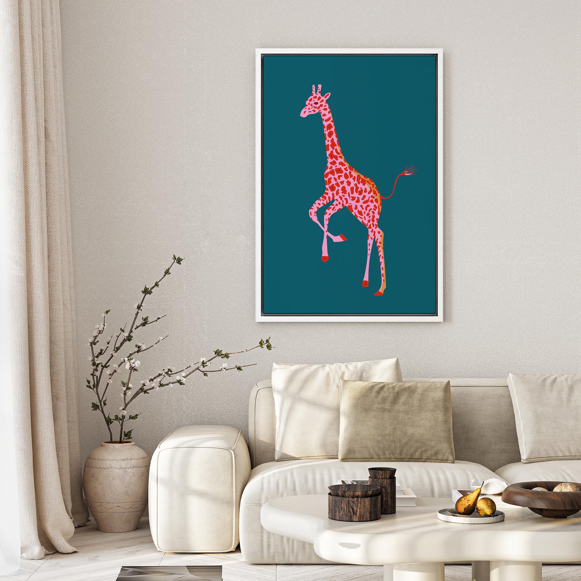 Preppy Pink African Cartoon Giraffe Framed Canvas Wall Art - 16x24 Inch Boho Chic Animal Print for Living Room, Bedroom & Office Decor | Nature Wilderness Drawing in White Frame | Perfect for Nursery, Dorm or Gift