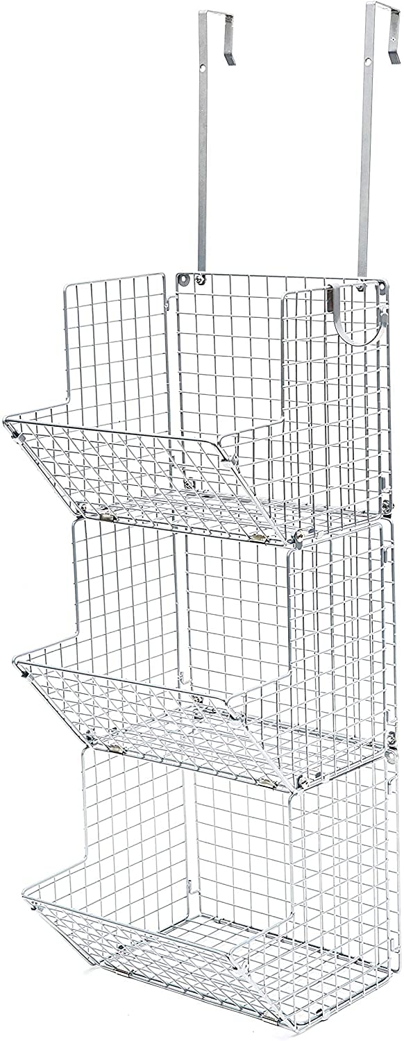 Over the Door Hanging Fruit Basket Shelves - Metal Wire Tier Wall Mounted Organizer for Kitchen, Bathroom & Pantry Storage - Perfect for Fruits, Towels, Snacks & Produce (Silver) - Space Saving Solution for Small Homes & Apartments