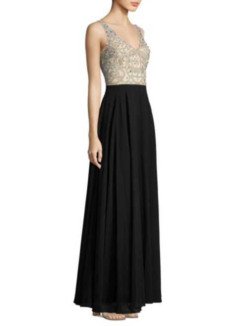 BHLDN Aidan Mattox Regina Gown - Elegant Champagne & Black Evening Dress for Weddings & Formal Events