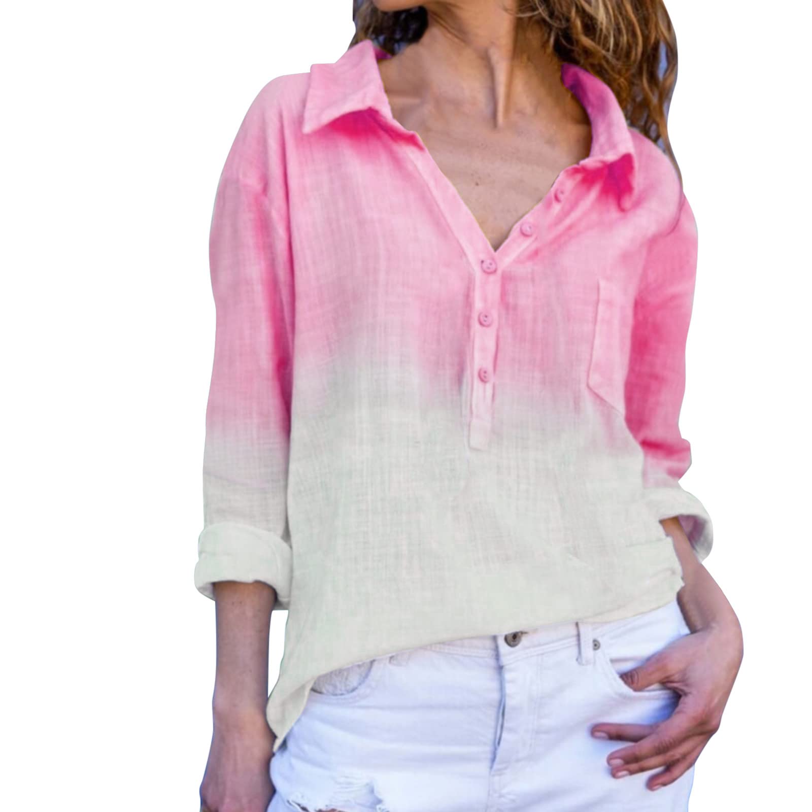 Women's Long Sleeve Tie-Dye Button Down Shirt - Gradient Print Loose Fit Casual & Work Blouse - Breathable Summer Tops for Office, Yoga, Travel & Everyday Wear