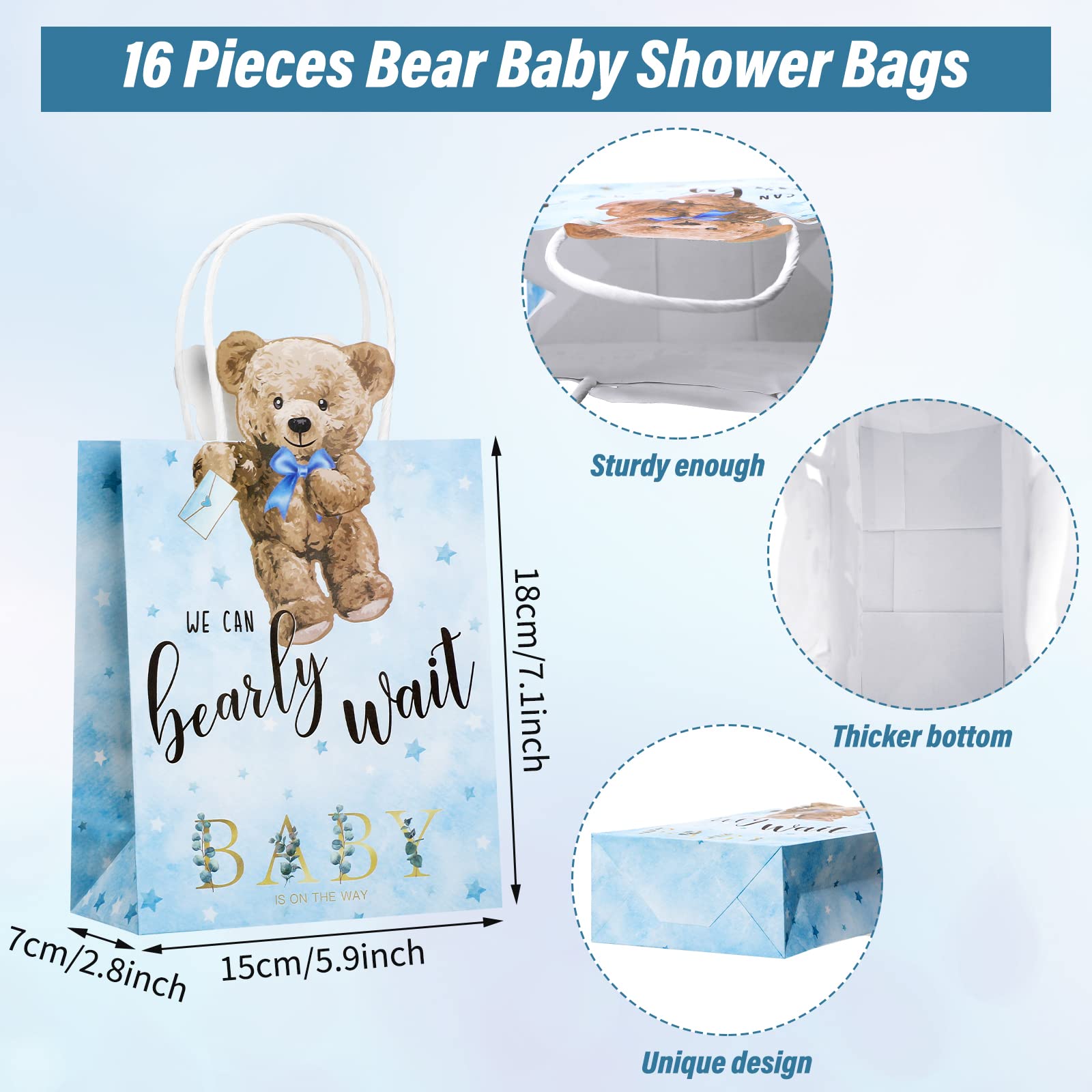 Tinlade 16 Pcs Bear-Themed Baby Shower Gift Bags with Handles | Cute 'We Can Bearly Wait' Baby Shower Party Favors | Perfect for Birthday Parties, Weddings & Game Prizes | Baby Shower Decorations & Celebration Supplies