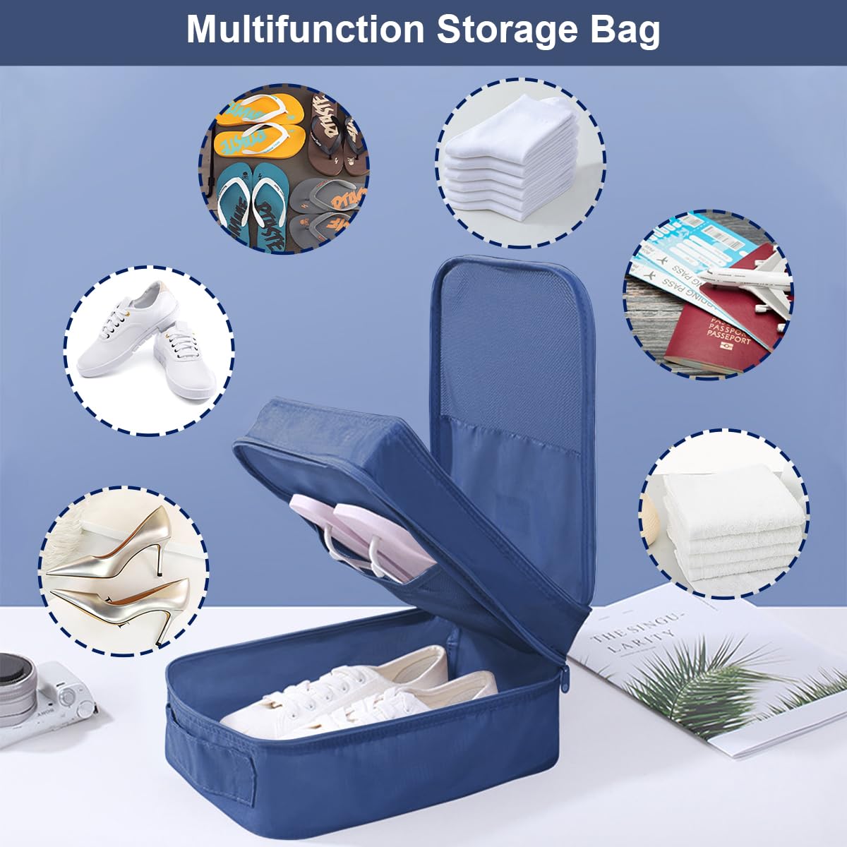 Waterproof Large Shoe Bags for Travel - Holds 3 Pairs of Shoes (Up to Size 12) | Durable Shoe Storage Organizer for Men & Women | Perfect for Gym, Vacation & Business Trips | French Navy Zippered Packing Cube