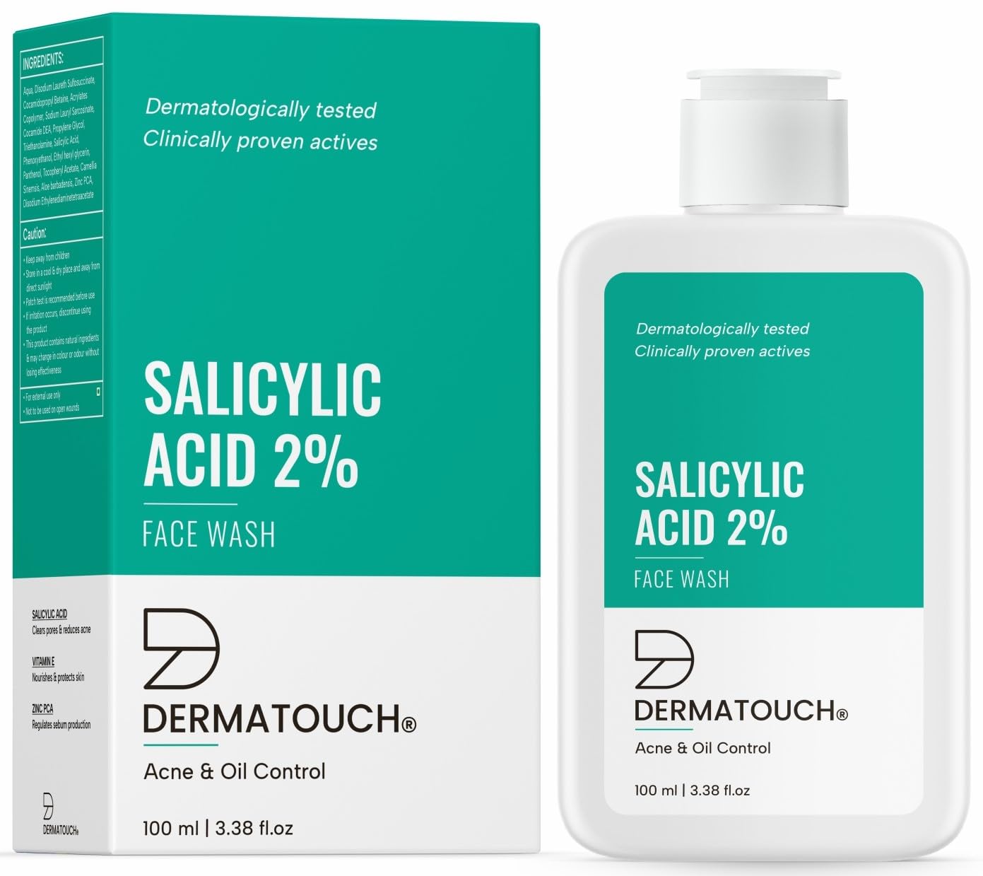 DERMATOUCH Salicylic Acid 2% Face Wash for Acne Prone Skin - Oil Control & Pore Minimizing Cleanser - Gentle Formula for All Skin Types (Men & Women) - 3.4 fl oz/100ml - Perfect for Daily Skincare Routine & Breakout Prevention