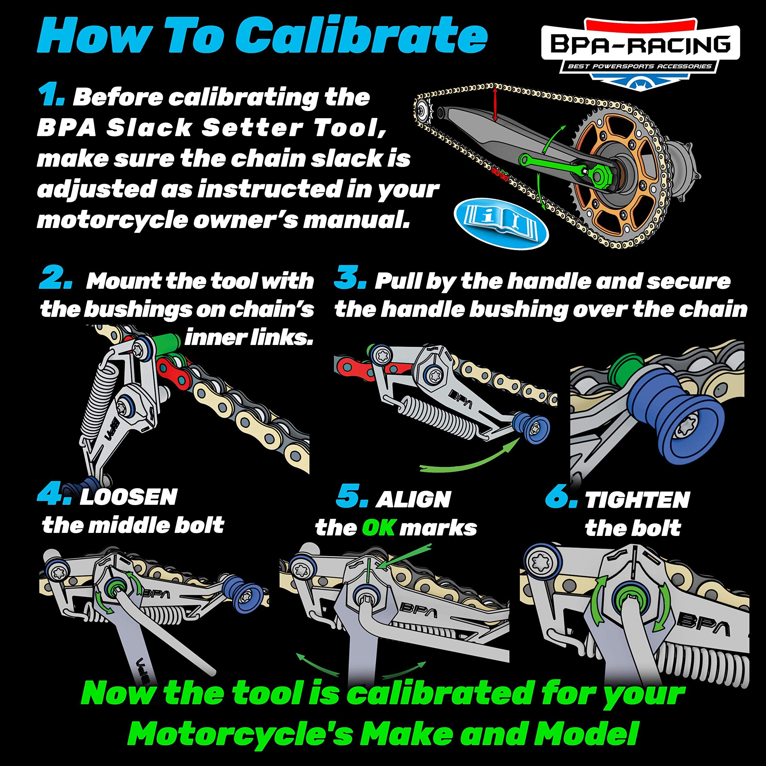 BPA-Free Racing Motorcycle Chain Slack Adjuster Tool - Quick & Precise Chain Tensioning Tool for Dirt Bikes, Sport Bikes & Cruisers - Easy Installation & Adjustment (Blue) - Perfect for Track Days, Off-Road Adventures & DIY Maintenance