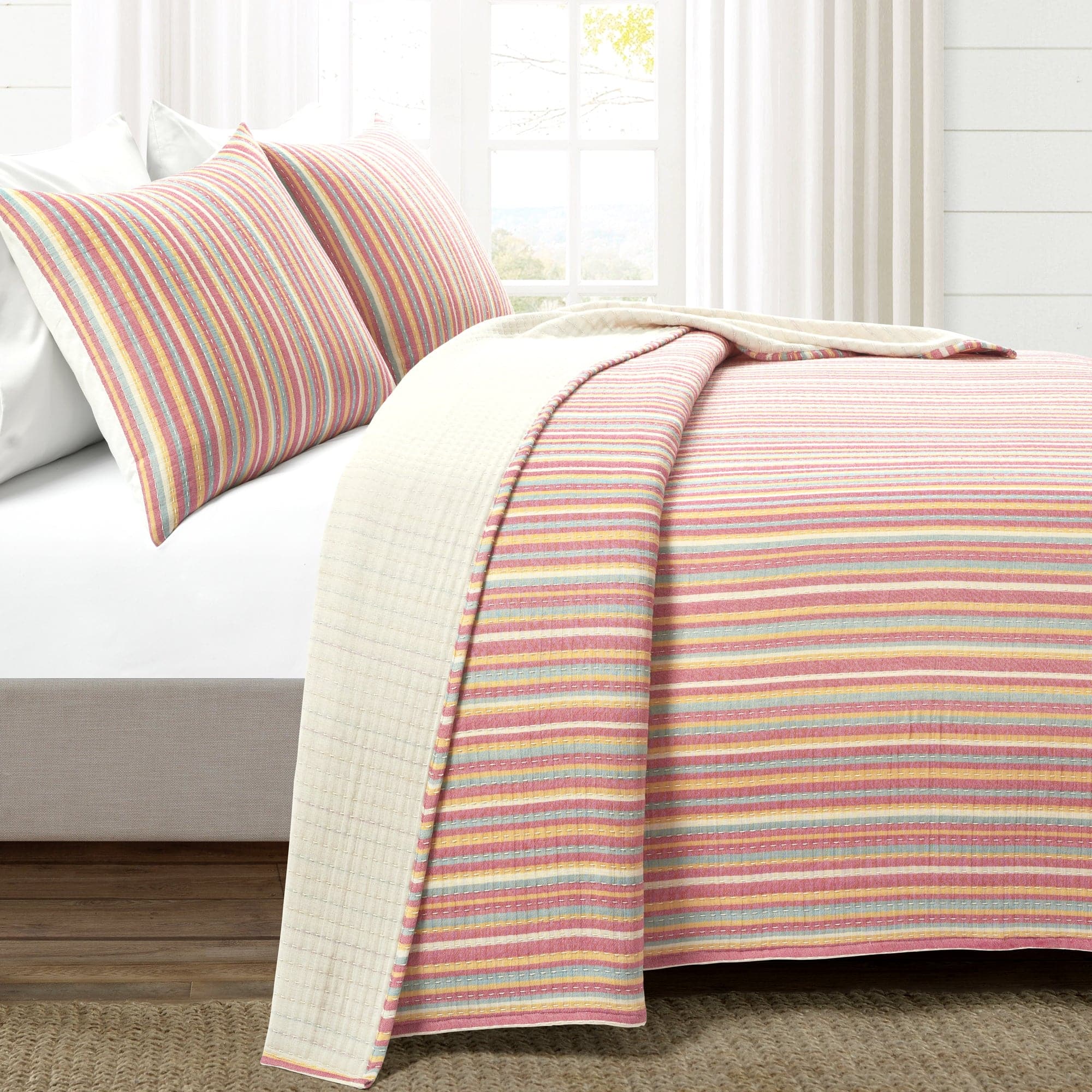 Tracy Stripe Pick Stitch Kantha Yarn-Dyed Cotton Woven Quilt Coverlet Set - Soft Bedspread for Cozy Bedroom Decor, Perfect for Guest Rooms & Boho Chic Home Styling