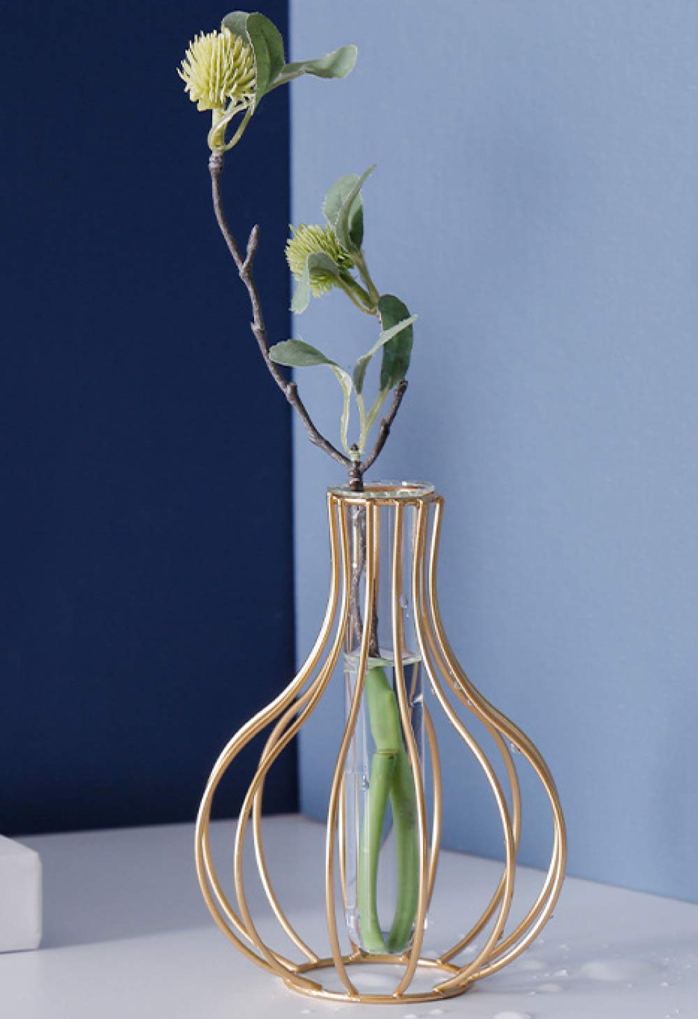 Nordic Wrought Iron Lantern-Shaped Glass Vase with Metal Wire Holder - Elegant Gold Flower Vase for Wedding, Home & Garden Decor - Perfect for Centerpieces, Table Decorations and Special Events
