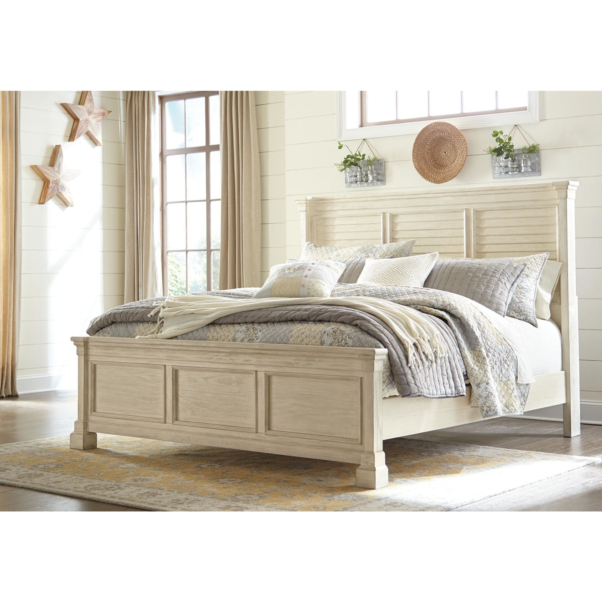 Bolanburg 4-Piece Bedroom Furniture Set - Queen Size Bed Frame, Nightstand, Dresser & Mirror in Antique White Finish | Perfect for Master Bedroom, Guest Room & Apartment Decor