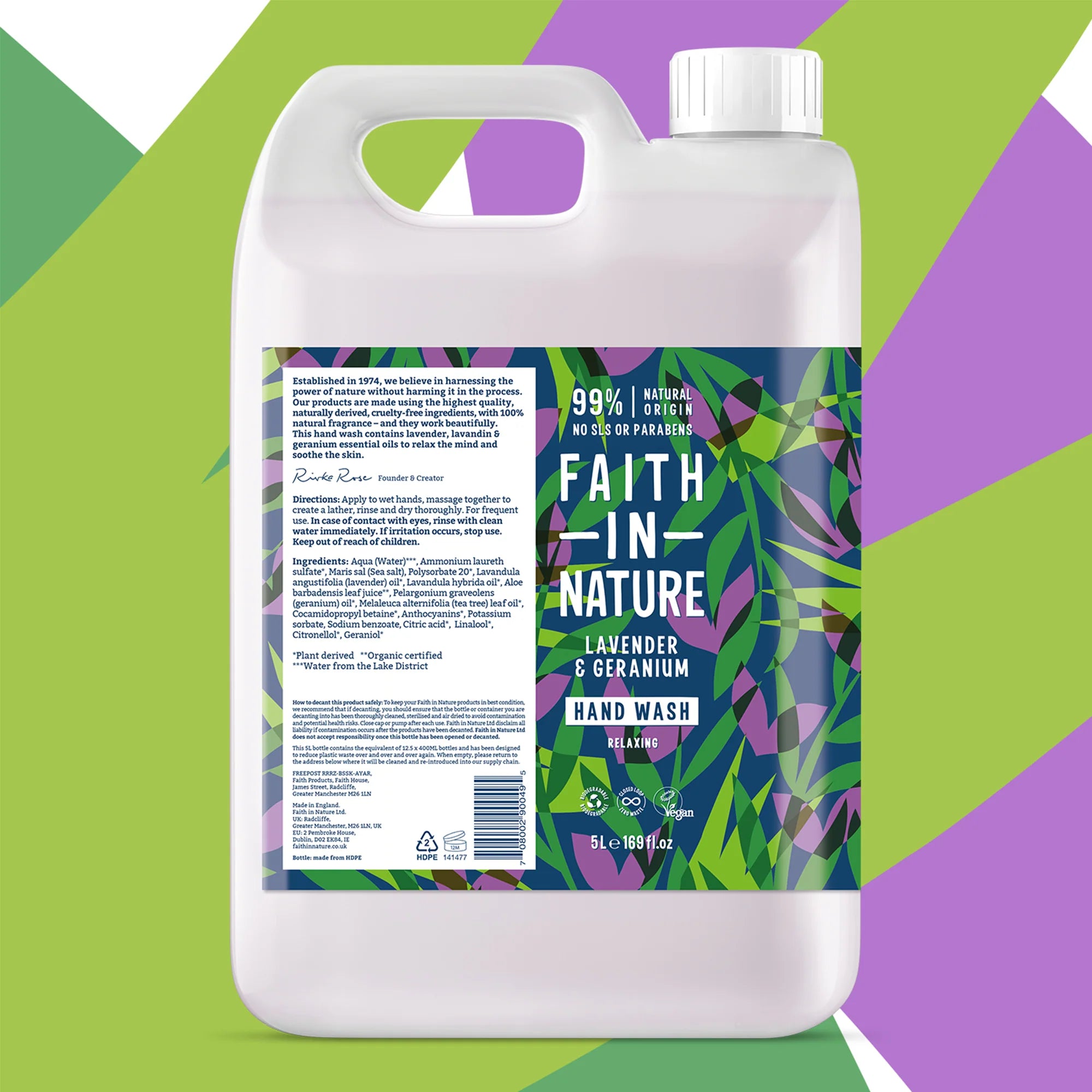 Faith In Nature Lavender & Geranium Hand Wash Refill 5L - Natural Plant-Based Liquid Soap for Sensitive Skin | Eco-Friendly Bulk Refill for Home, Spa & Office Use