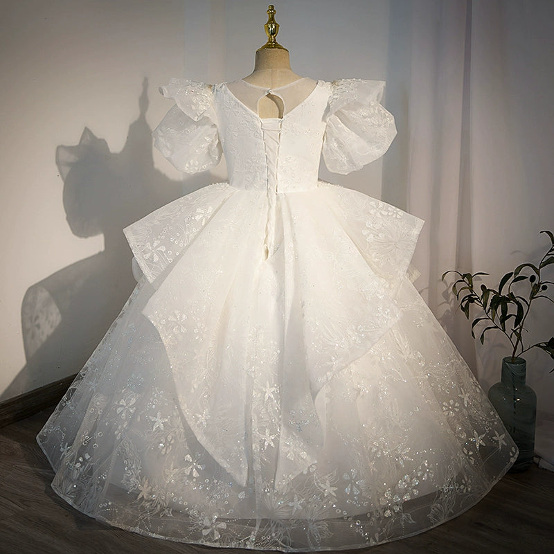 White Princess Round Floor Length Organza Flower Girl Dress for Weddings, Baptisms & Special Occasions