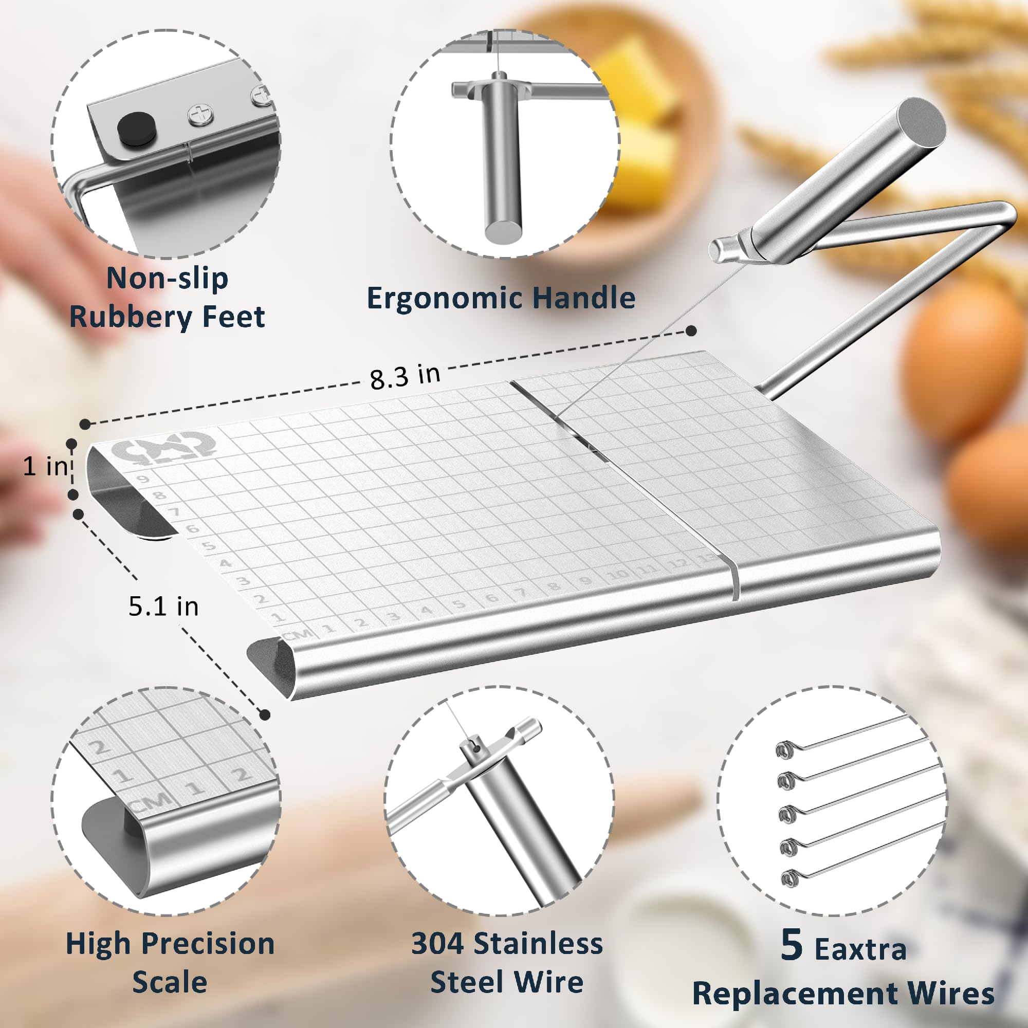 Premium Stainless Steel Cheese Slicer with 5 Replacement Wires - Perfect for Block Cheese, Westmark Cheese, Thin Slices, Butter & Hams | Ideal for Kitchens, Delis, Charcuterie Boards & Cheese Platters