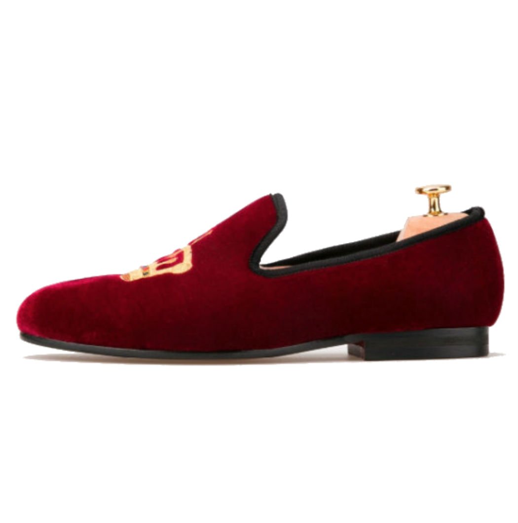 FERUCCI Handmade Burgundy Velvet Men's Loafers with Gold Crown - Luxurious House Slippers for Men, Comfortable Indoor/Outdoor Slippers for Relaxation & Lounging