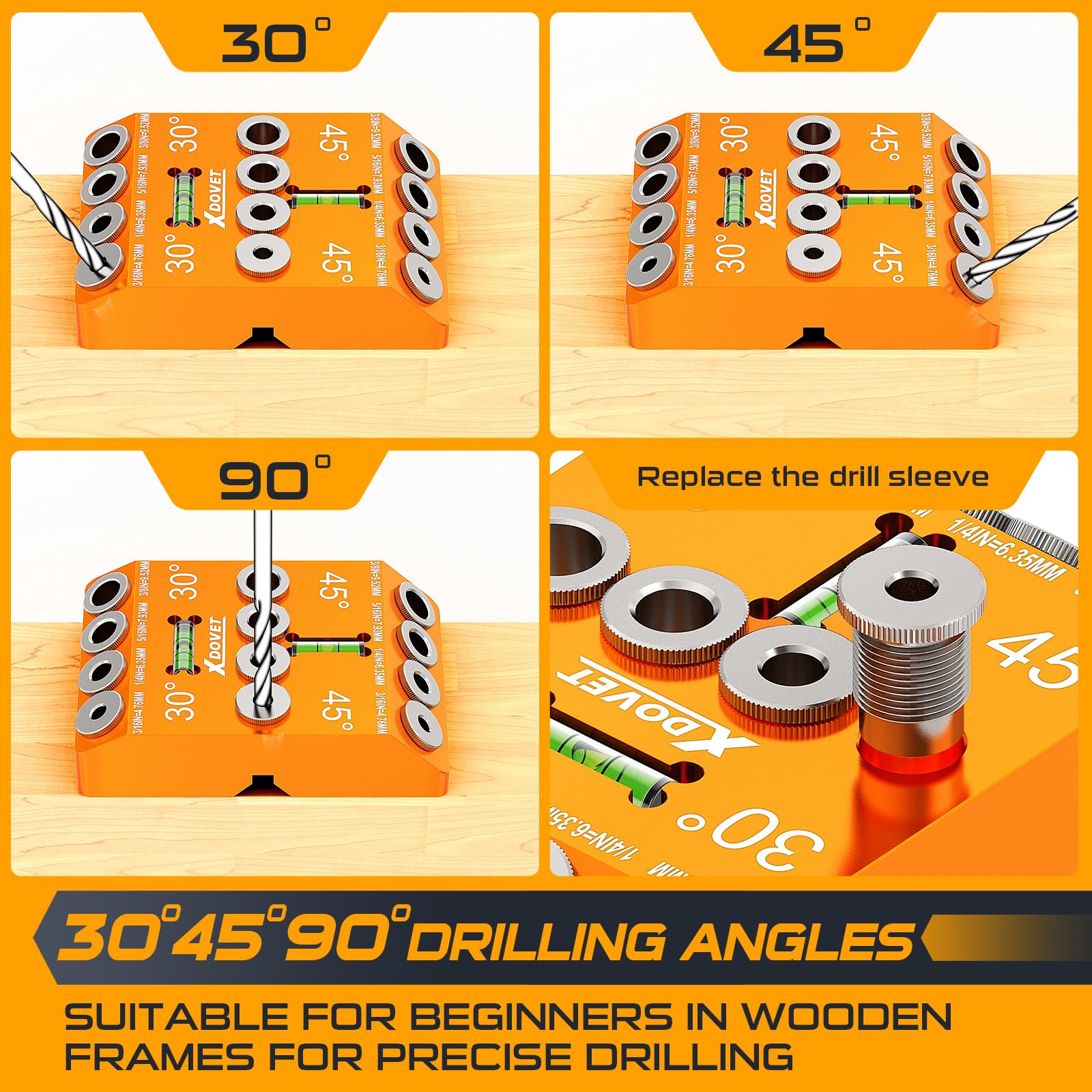 XDOVET Angle Drill Guide Jig - 4 Sizes (30/45/60/90 Degree) with Bubble Level - Precision Drill Jig for Angled & Straight Holes - Perfect for Woodworking, Post Railing, Stairs, Handrail & Deck Building - DIY & Professional Woodworking Projects