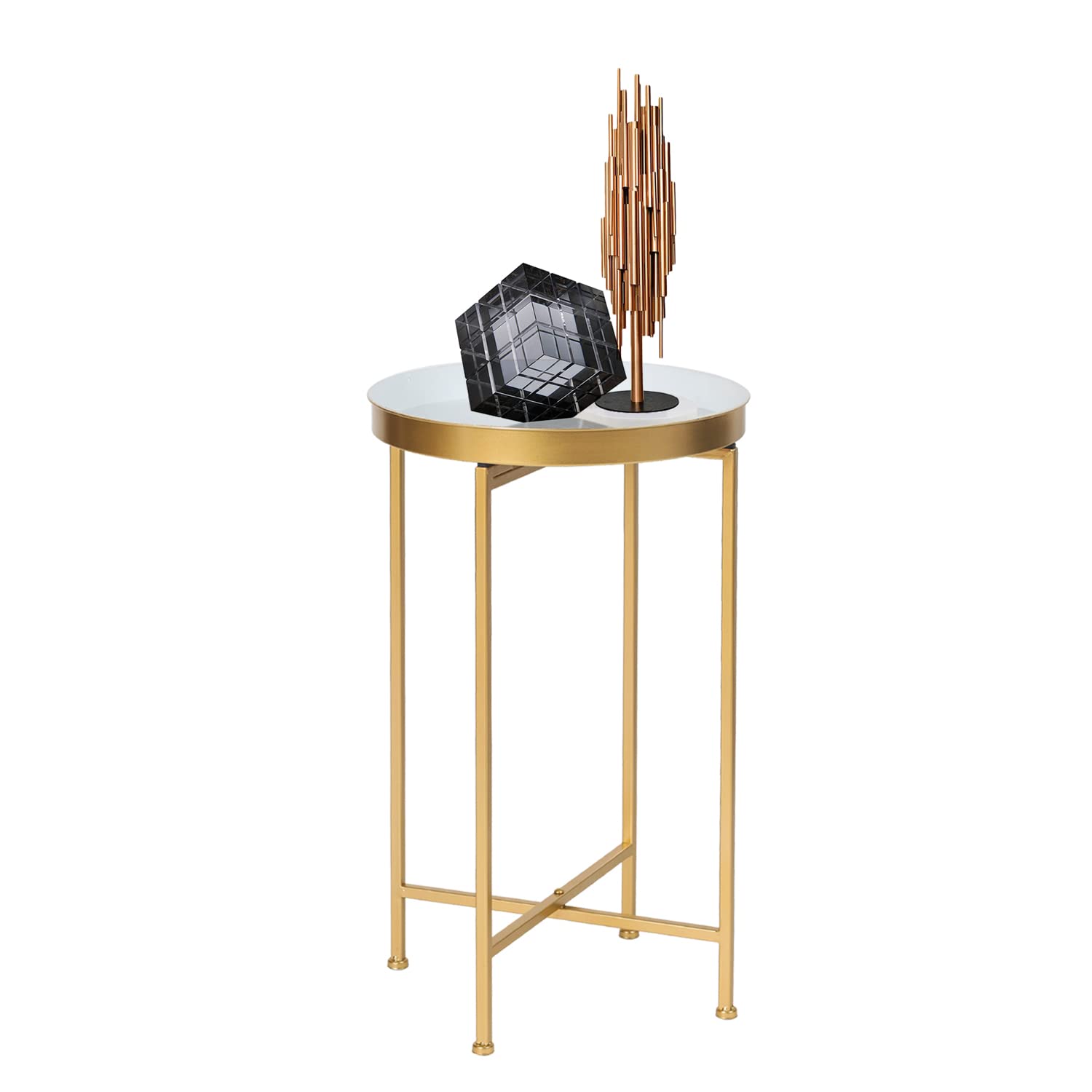 Adeco Modern Round Side End Accent Table - 25.7 Inch Tall Living Room Table with Gold Base & White Tray - Perfect for Sofa Side Table, Bedroom Nightstand, or Lounge Decor