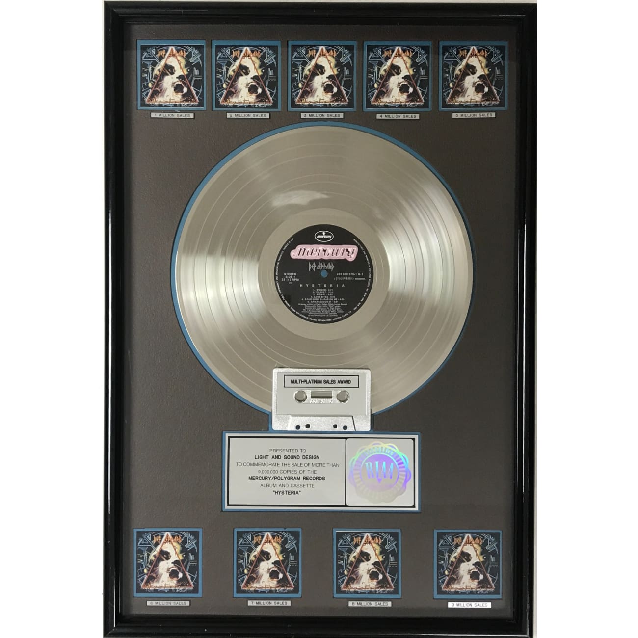 Def Leppard Hysteria 9x Platinum LP Vinyl Record - RIAA Certified Award - Perfect for Music Collectors & Classic Rock Fans