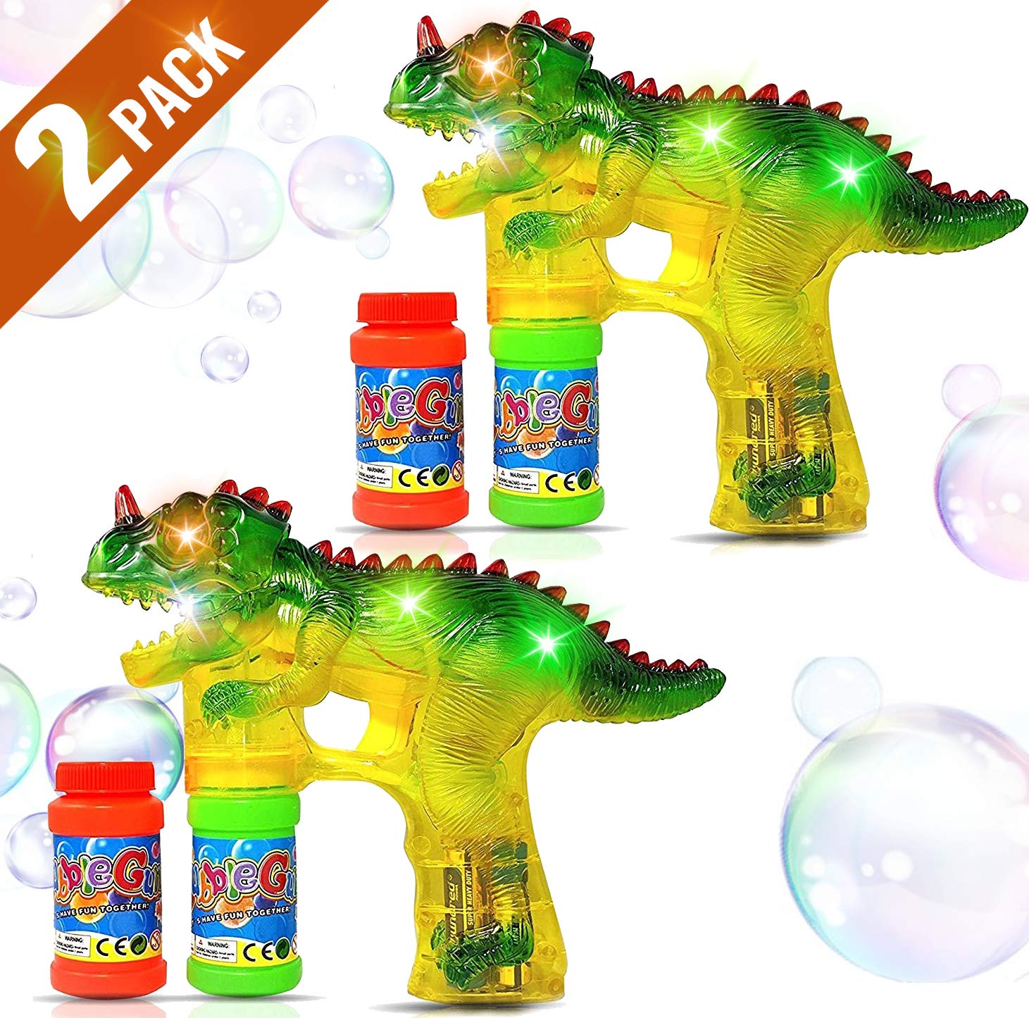 Dinosaur Bubble Guns for Kids - 2 Pack Battery Operated Bubble Blower Toy with Refill Bottles | Fun Outdoor Bubble Maker for Toddlers & Children | Perfect for Birthday Parties, Park Play & Summer Activities